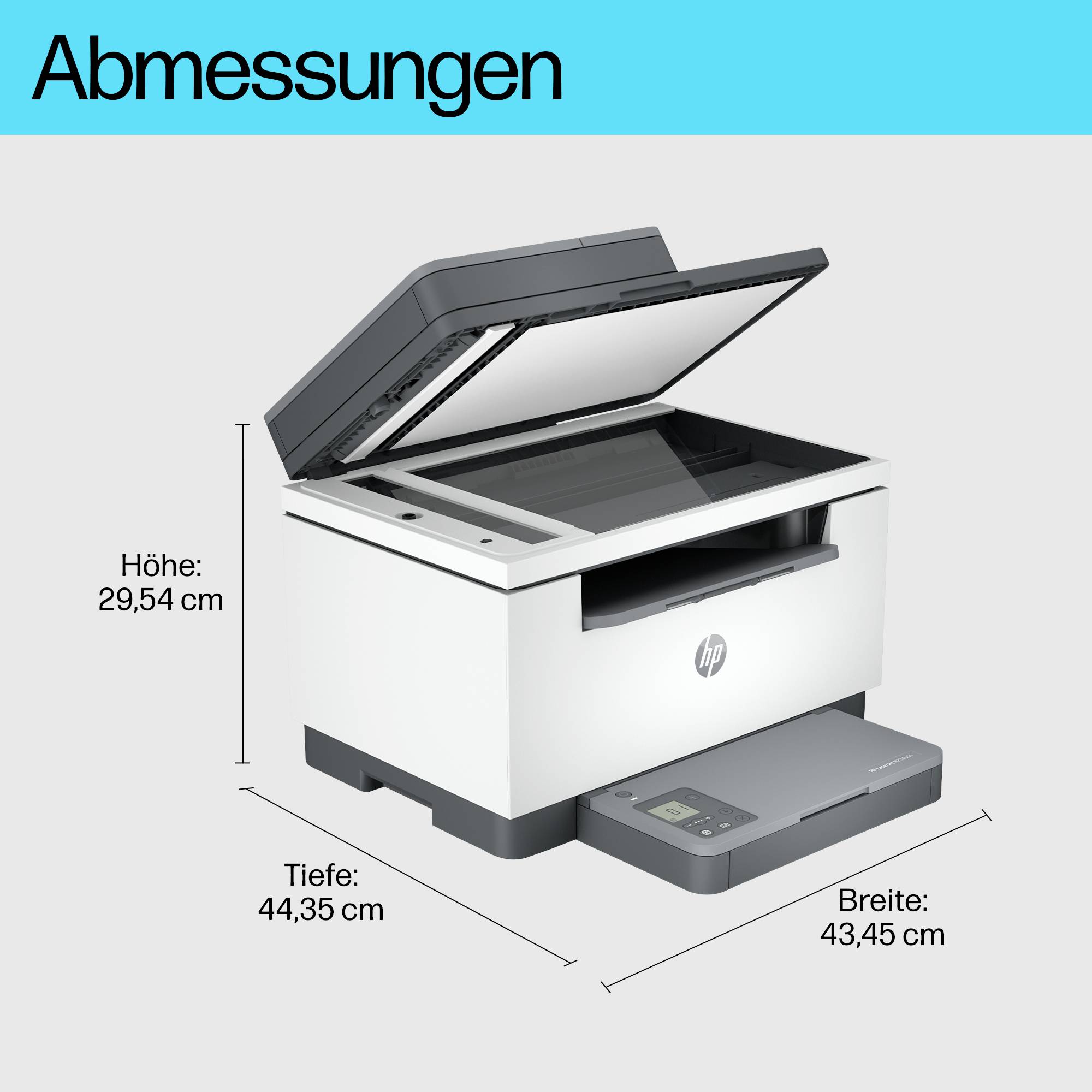 Ein geöffneter Drucker mit den Abmessungen: Höhe 29,54 cm, Tiefe 44,35 cm, Breite 43,45 cm.