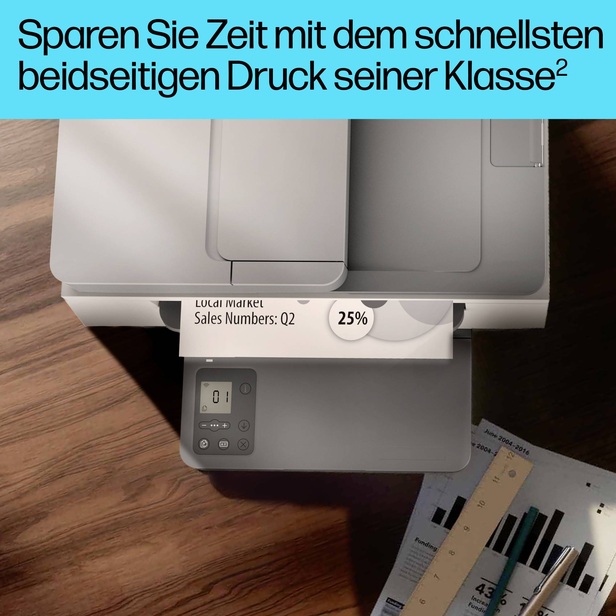 'Drucker druckt beidseitig ein Dokument. Text: 