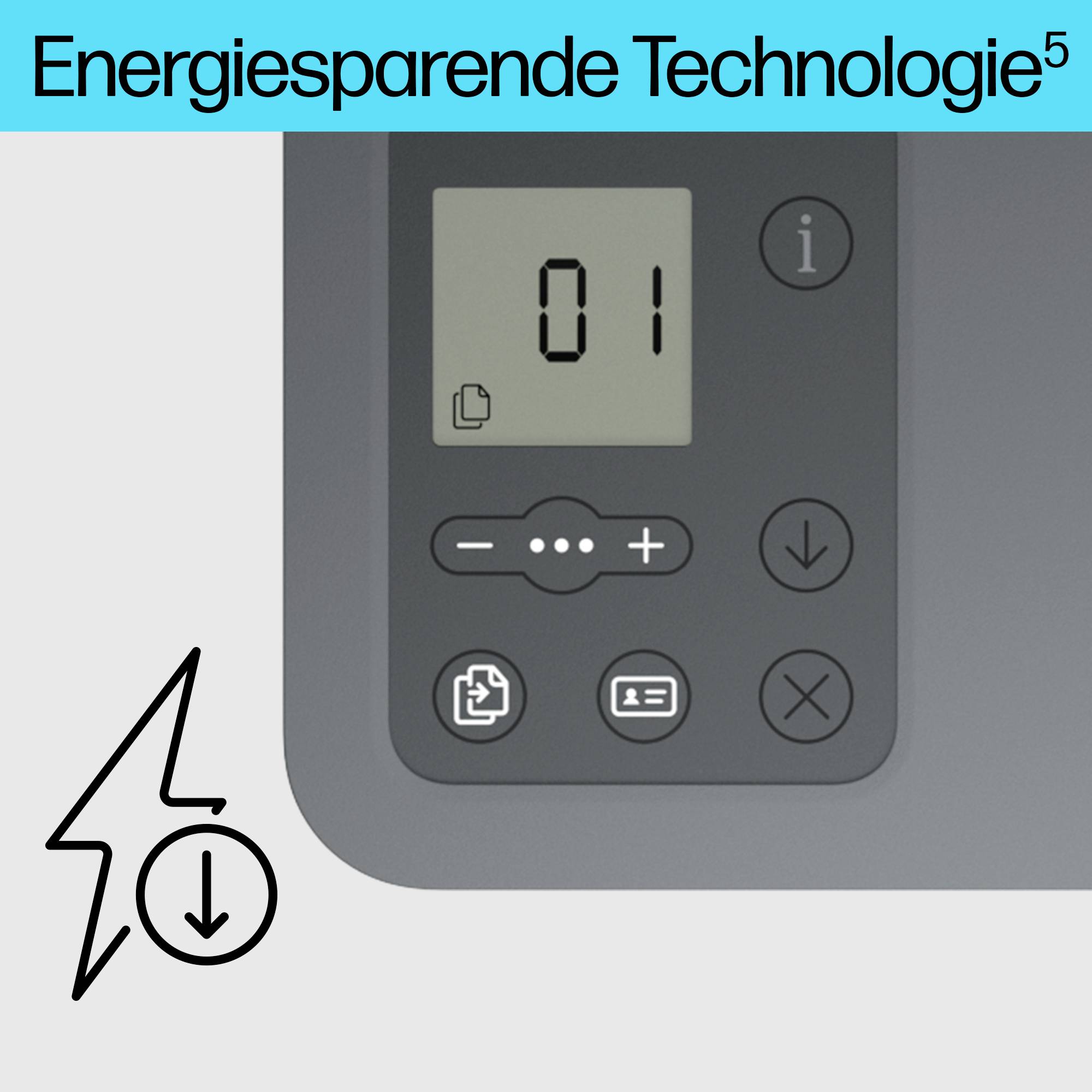 Display eines Energiespargeräts mit Symbolen für Einstellungen; Bildschirm zeigt '01'. Text oben: 'Energiesparende Technologie'.