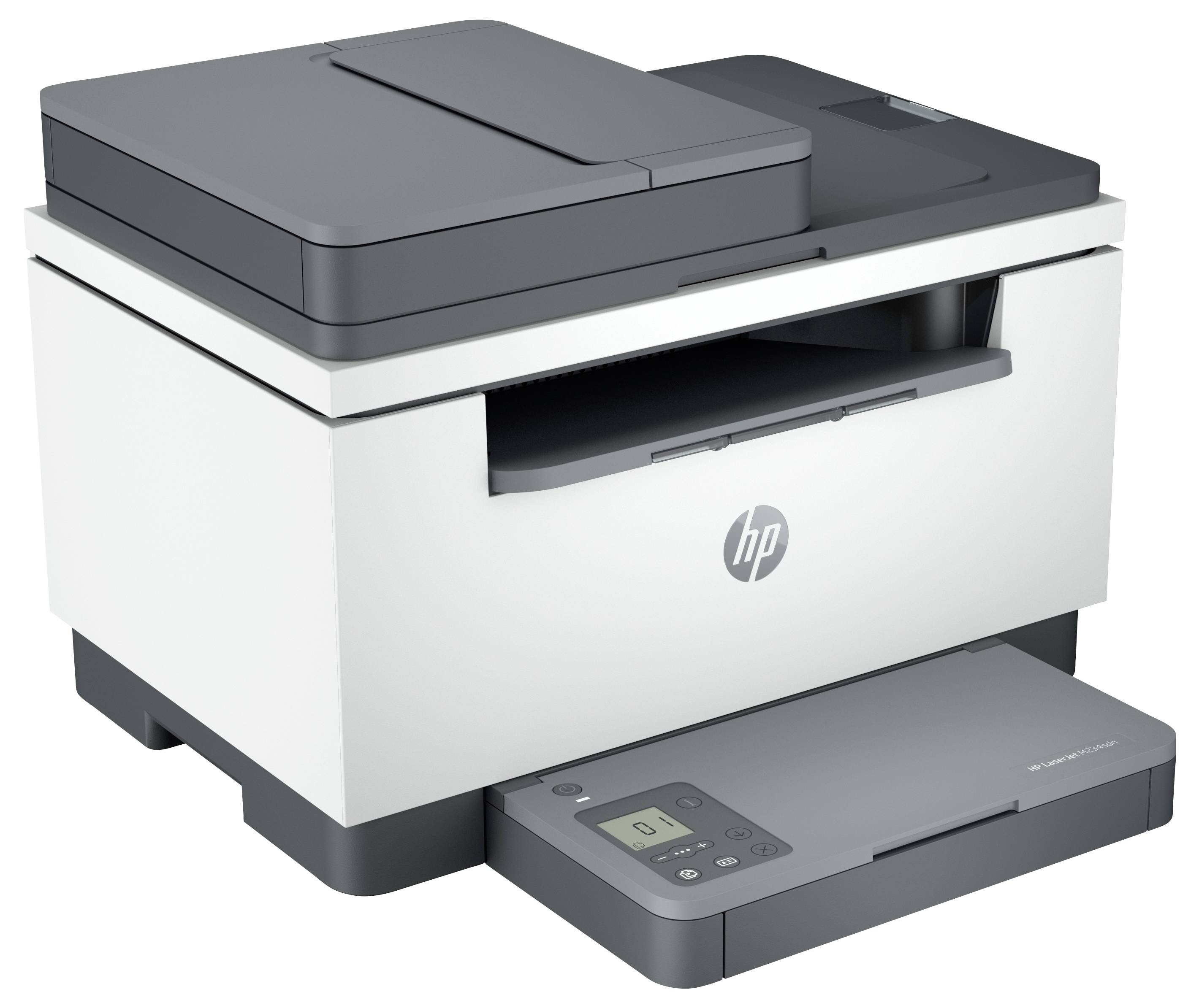 HP-Multifunktionsdrucker mit Flachbettscanner, Dokumenteneinzug und Ausgabefach auf weißem Hintergrund.