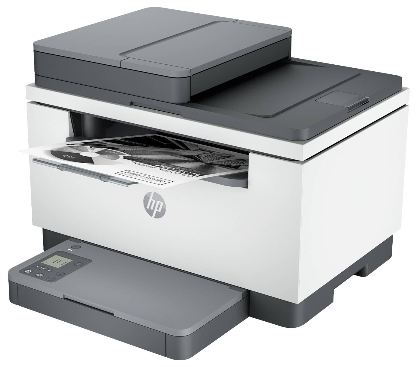 Ein geöffneter Drucker mit Scannerfunktion in weiß und grau. Das HP-Logo befindet sich an der Vorderseite des Geräts.