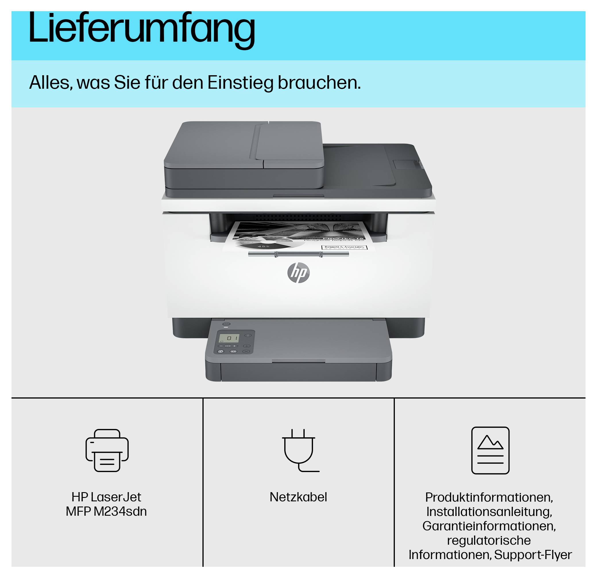 HP LaserJet MFP M234sdn Paketinhalt gezeigt: Drucker, Stromkabel und Produkt-, Einrichtungs-, Garantie-, Behördliche- und Supportdokumente.