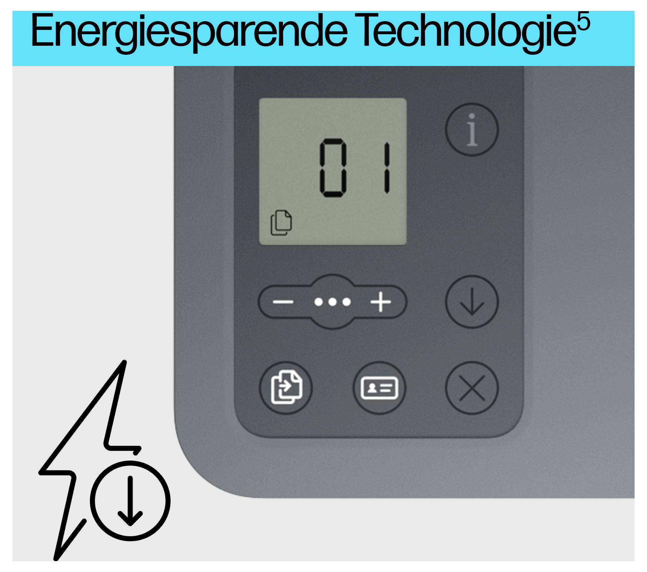 Nahaufnahme eines Energiespargeräte-Bedienfelds mit der Bezeichnung „Energiesparende Technologie", das ein Display, Plus-/Minus-Schaltflächen, Info-, Abwärts- und Abbruchsymbole zeigt.