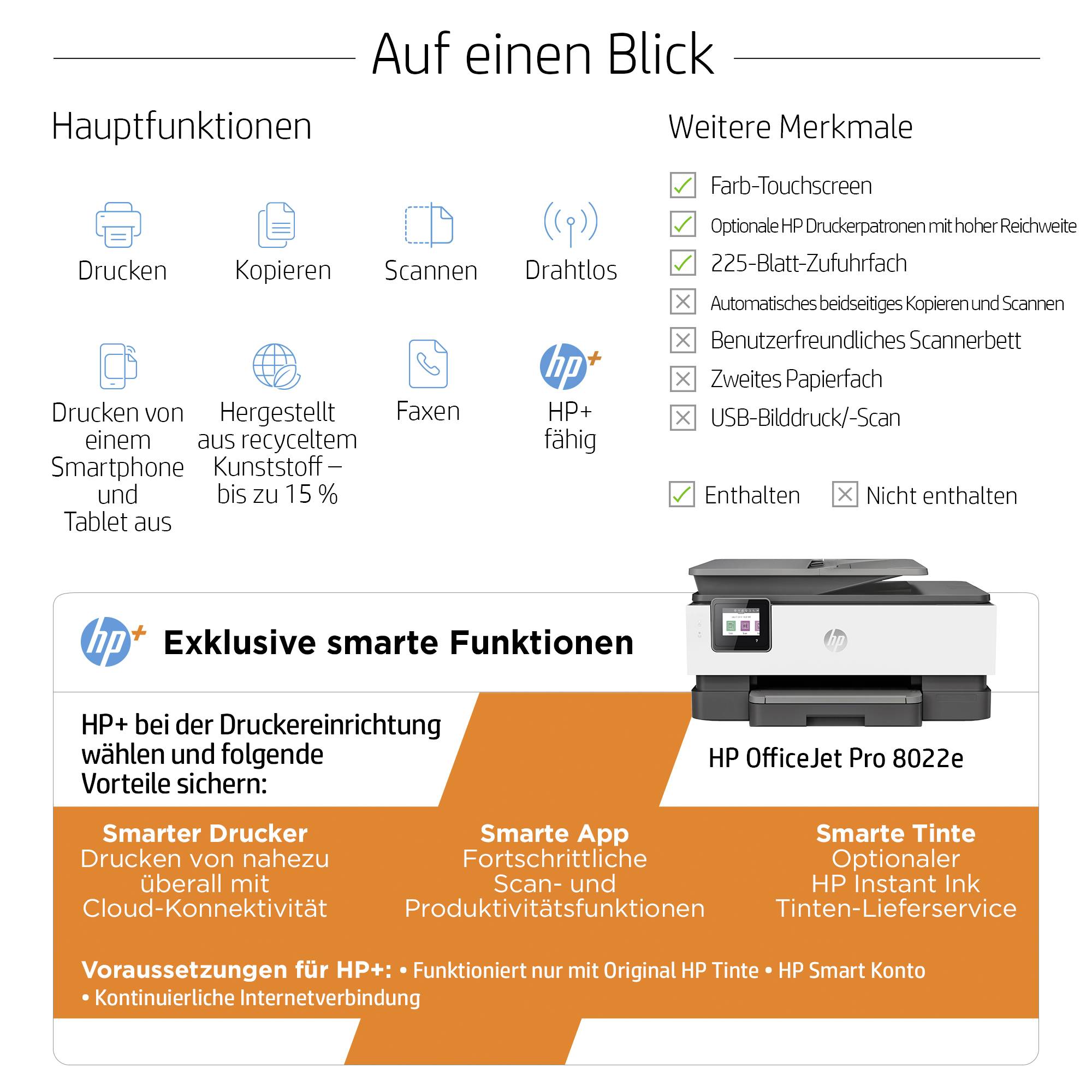 HP OfficeJet Pro 8022 e Multifunktionsdrucker Tintenstrahl Farbe Drucker, Scanner, Kopierer, Fax HP Instant Ink, Duplex, LAN, WLAN