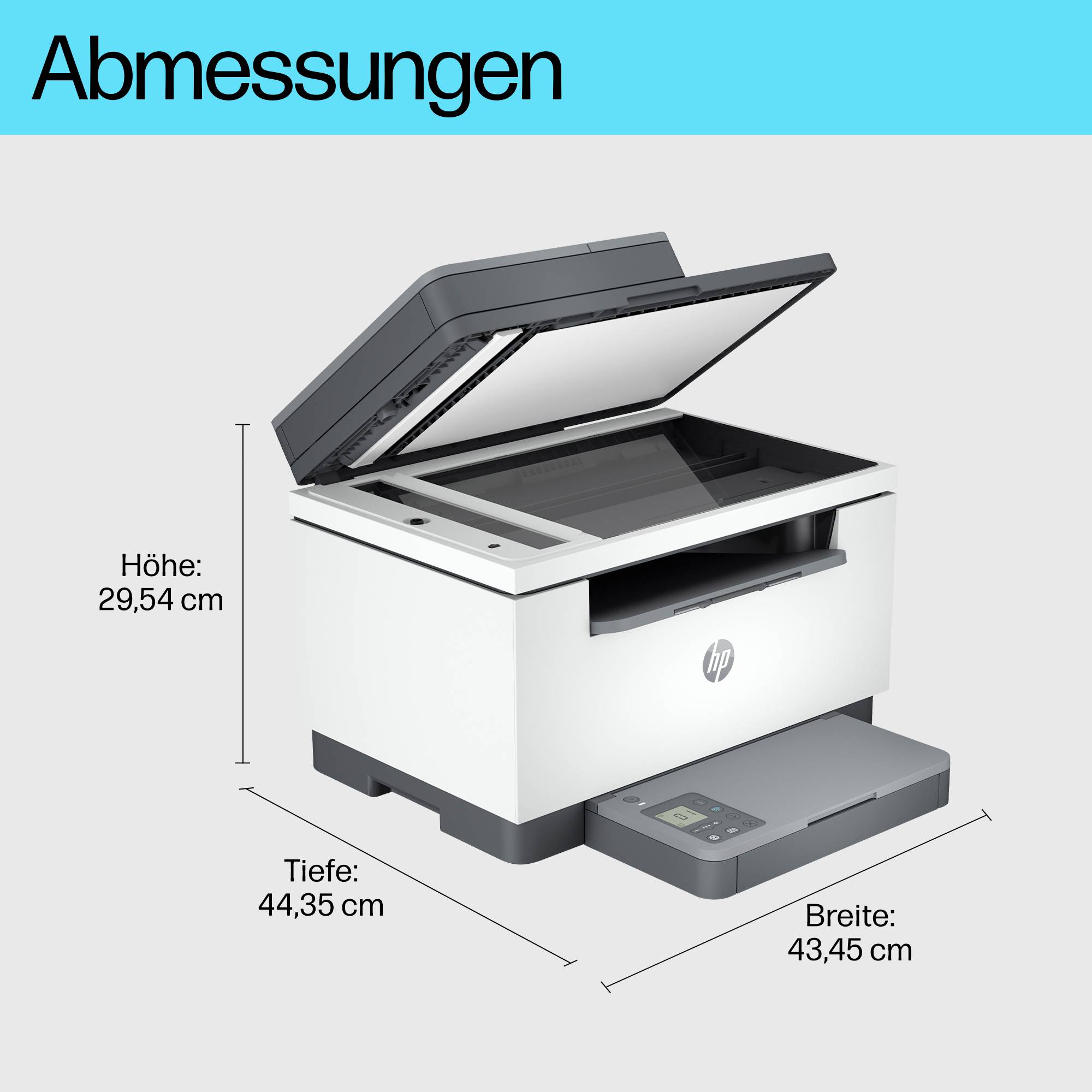 Ein weißer Drucker ist mit angegebenen Maßen dargestellt: Höhe 29,54 cm, Tiefe 44,35 cm, Breite 43,45 cm.