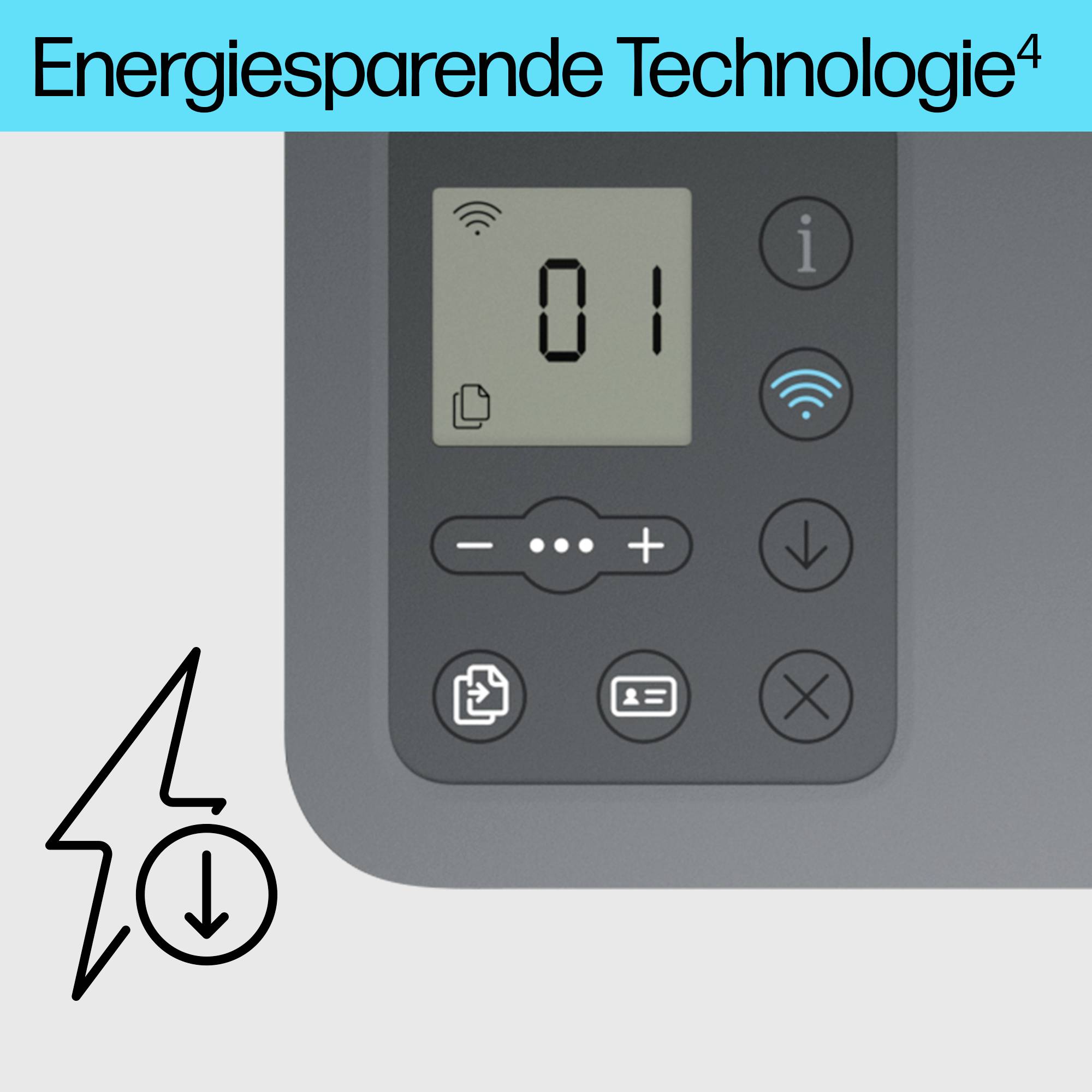 Bild eines Gerätebedienfelds mit Symbolen für WLAN und Energieeinsparung. Text oben: 'Energiesparende Technologie'.