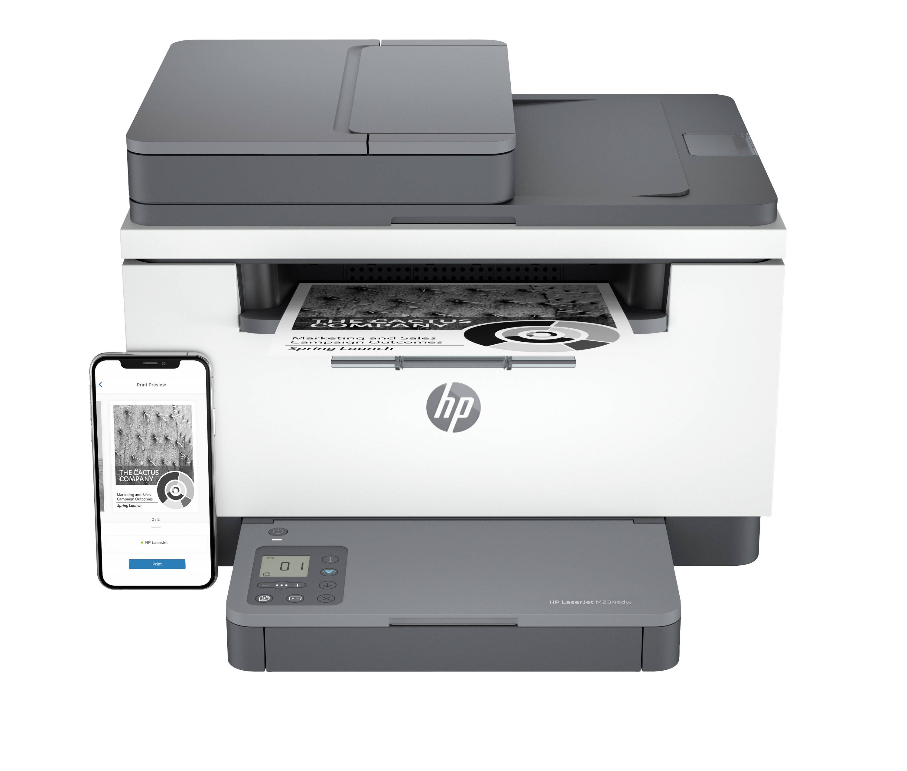 HP Multifunktionsdrucker mit einem Smartphone, das die HP-App anzeigt und die mobile Druck- und Scankontrolle veranschaulicht.
