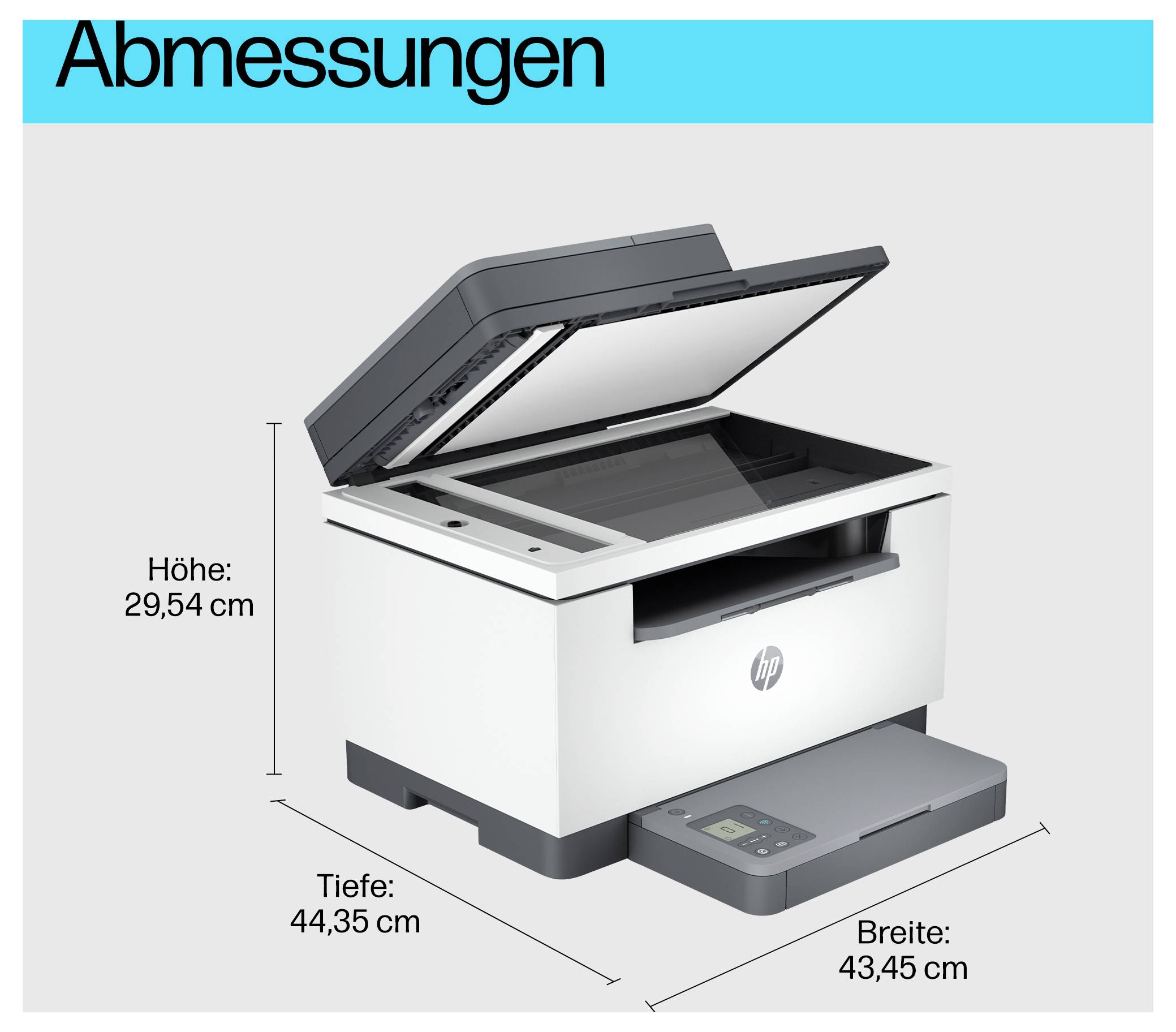 Bild eines HP-Multifunktionsdruckers mit geöffnetem Deckel, zeigt Abmessungen: Höhe 29,54 cm, Tiefe 44,35 cm, Breite 43,45 cm.