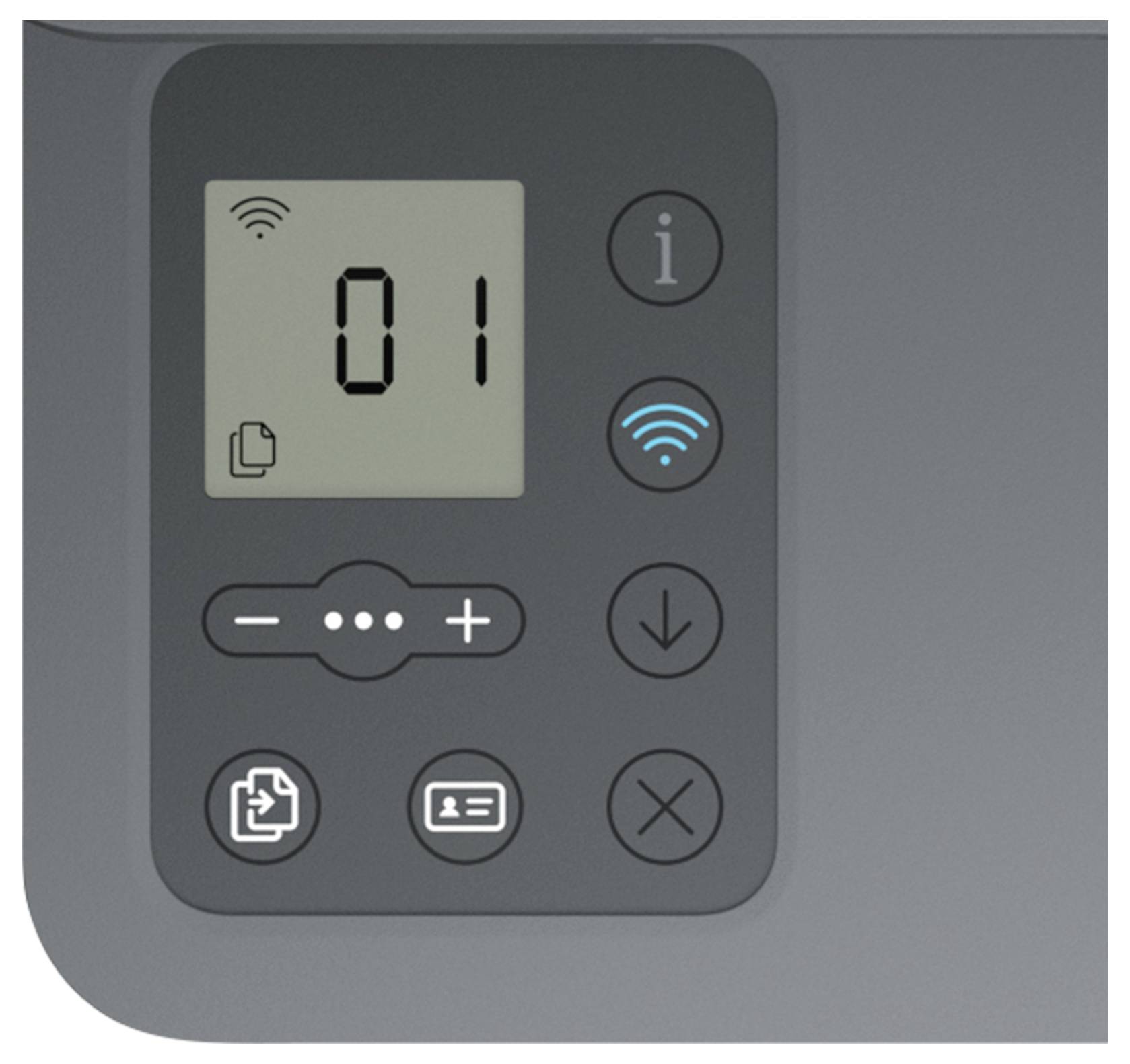 Nahaufnahme einer Gerätekontrollleiste, die ein Display mit „01", Wi-Fi-Symbol und Schaltflächen für Info, Wireless, Abwärts, Kopieren, ID und Abbrechen anzeigt.