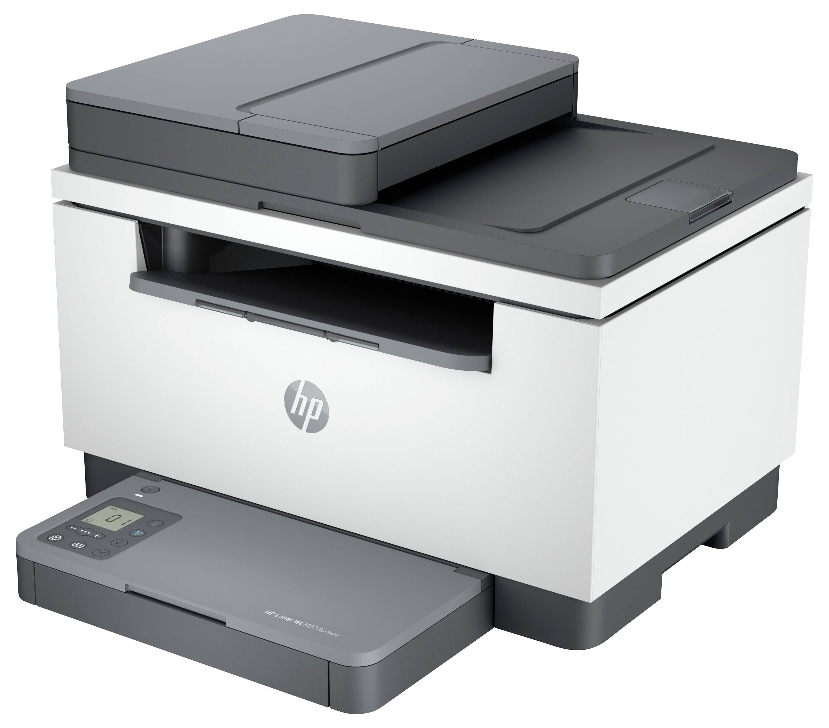HP-Multifunktionsdrucker mit Scannerverschluss, Papierfach und Bedienfeld, dargestellt in einer Vorderansicht von links auf weißem Hintergrund.