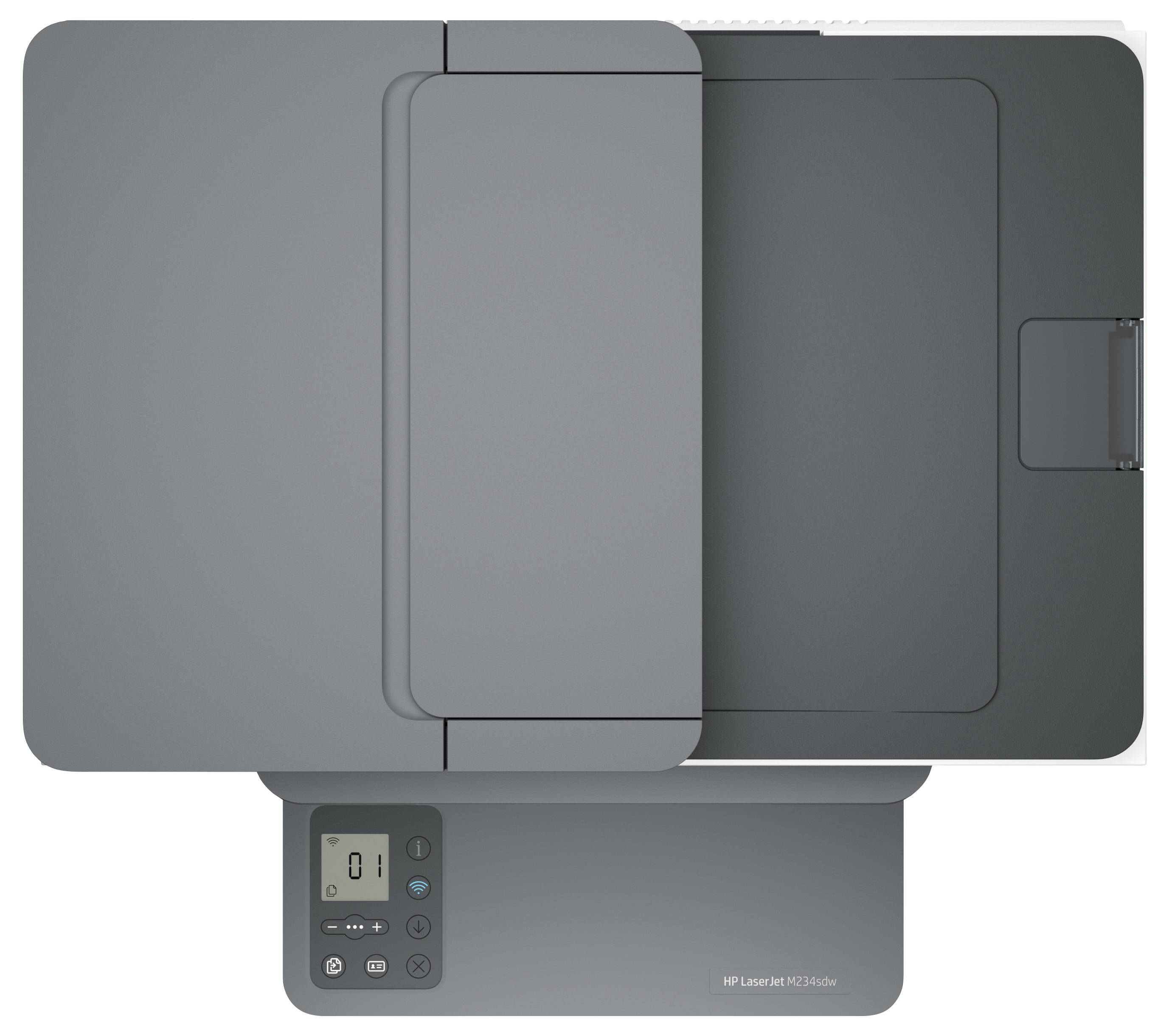 Draufsicht auf einen grauen Multifunktionsdrucker/Kopierer mit einer Dokumentenzuführung und kleinem Bedienfeld auf der Vorderseite links.