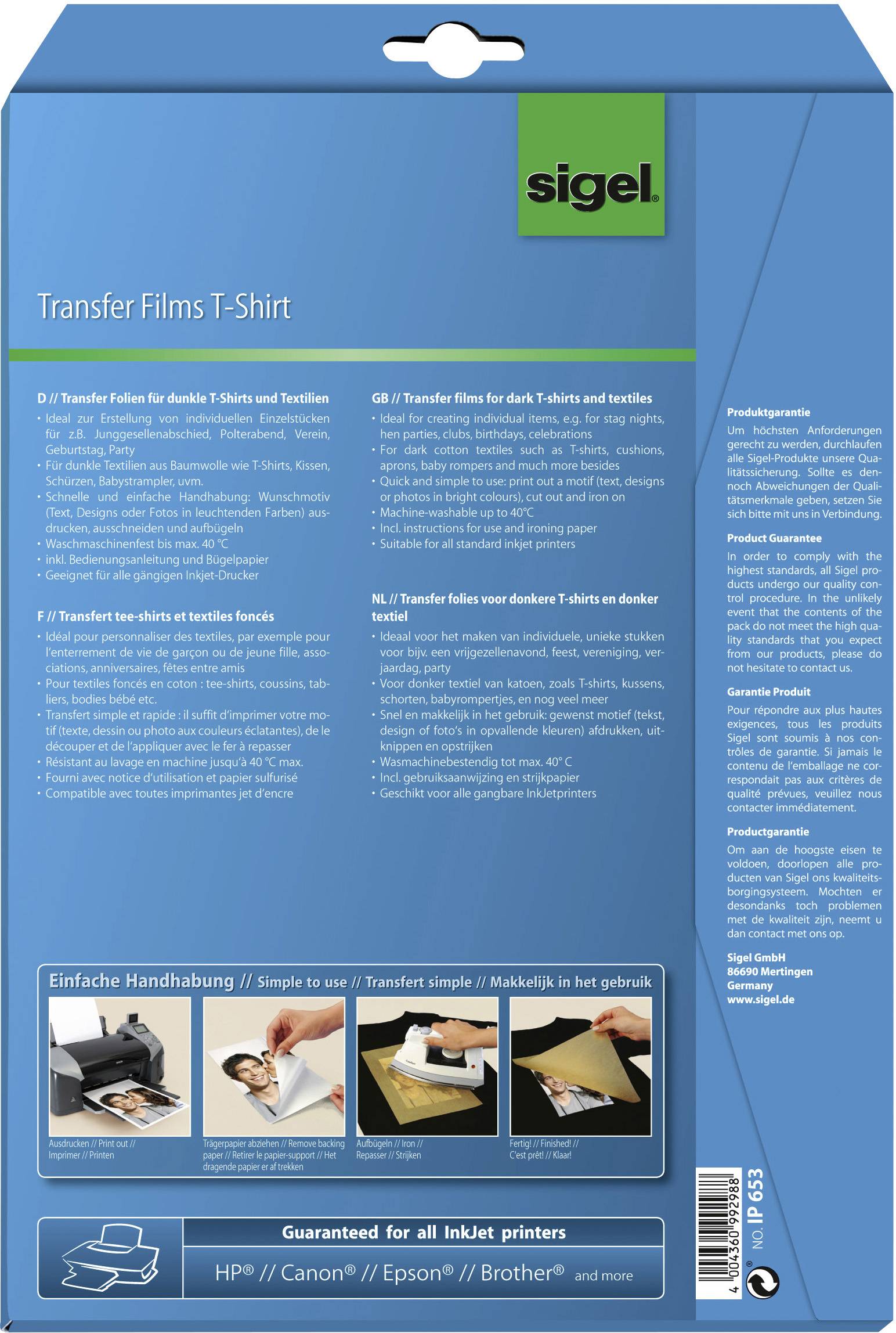 Sigel T1157 T-Shirt-Transferfolie 250 g/m² 12 Blatt
