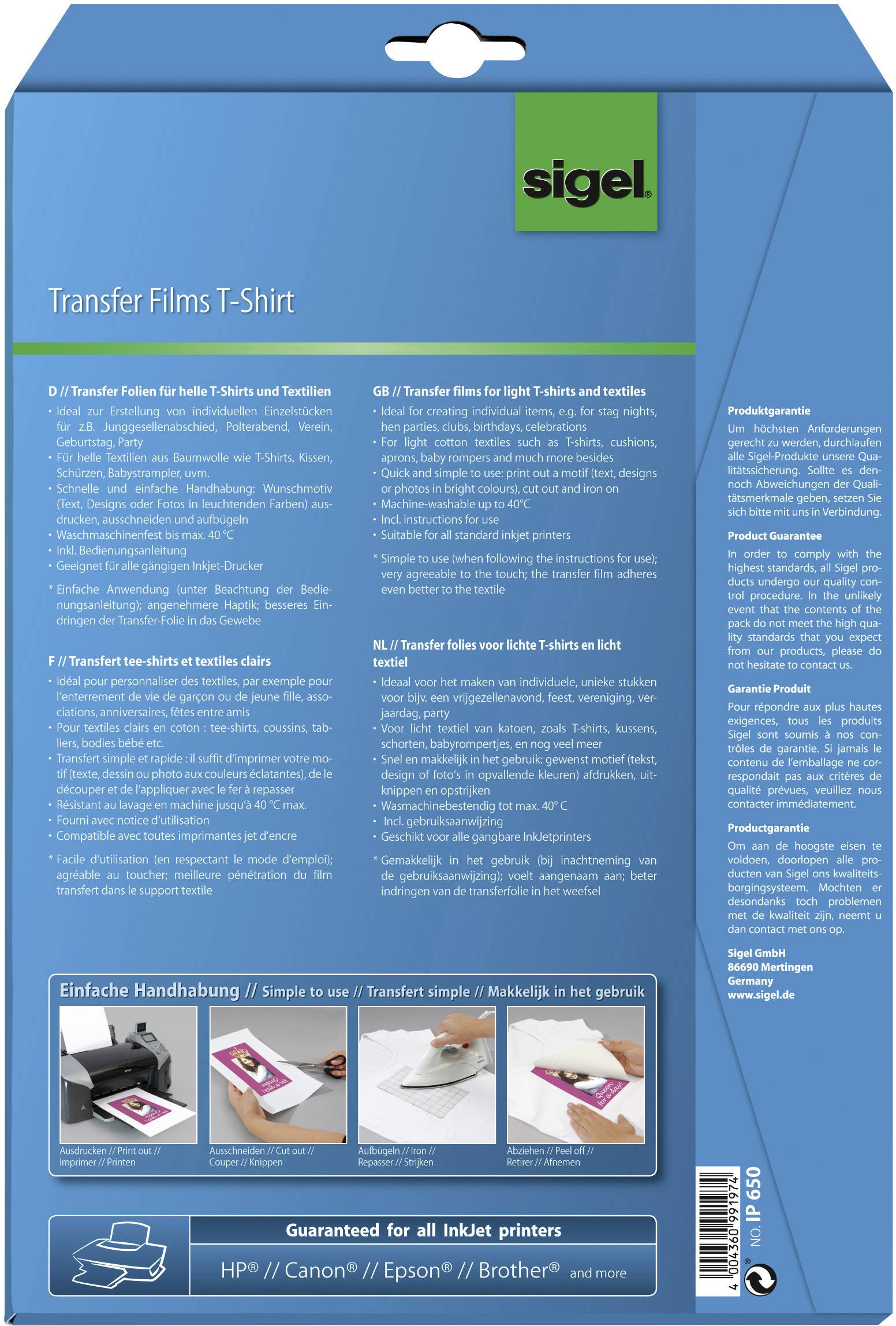 Sigel T1156 T-Shirt-Transferfolie 197 g/m² 12 Blatt