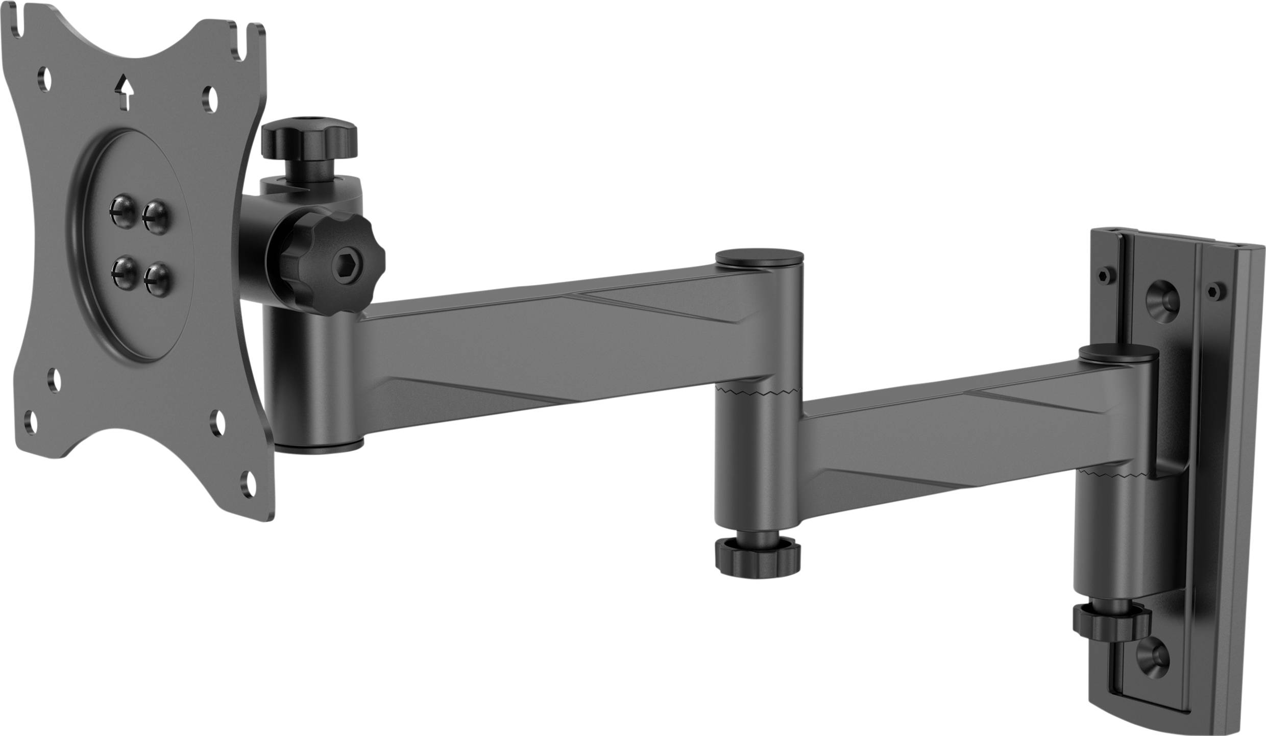 Ein schwenkbarer, verstellbarer Monitorarm aus Metall, der an einer Wand befestigt ist. Ideal zur flexiblen Positionierung eines Bildschirms.