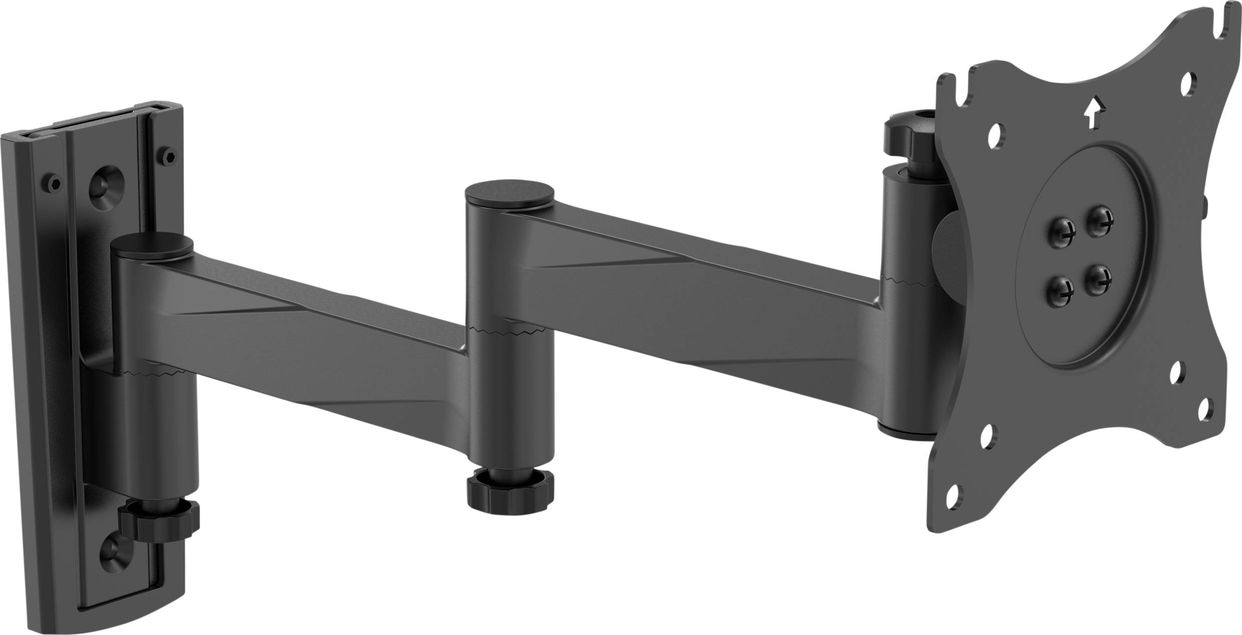 Schwenkbare TV-Wandhalterung in Schwarz für Flachbildschirme. Langer Arm mit mehreren Gelenken zur flexiblen Positionierung.