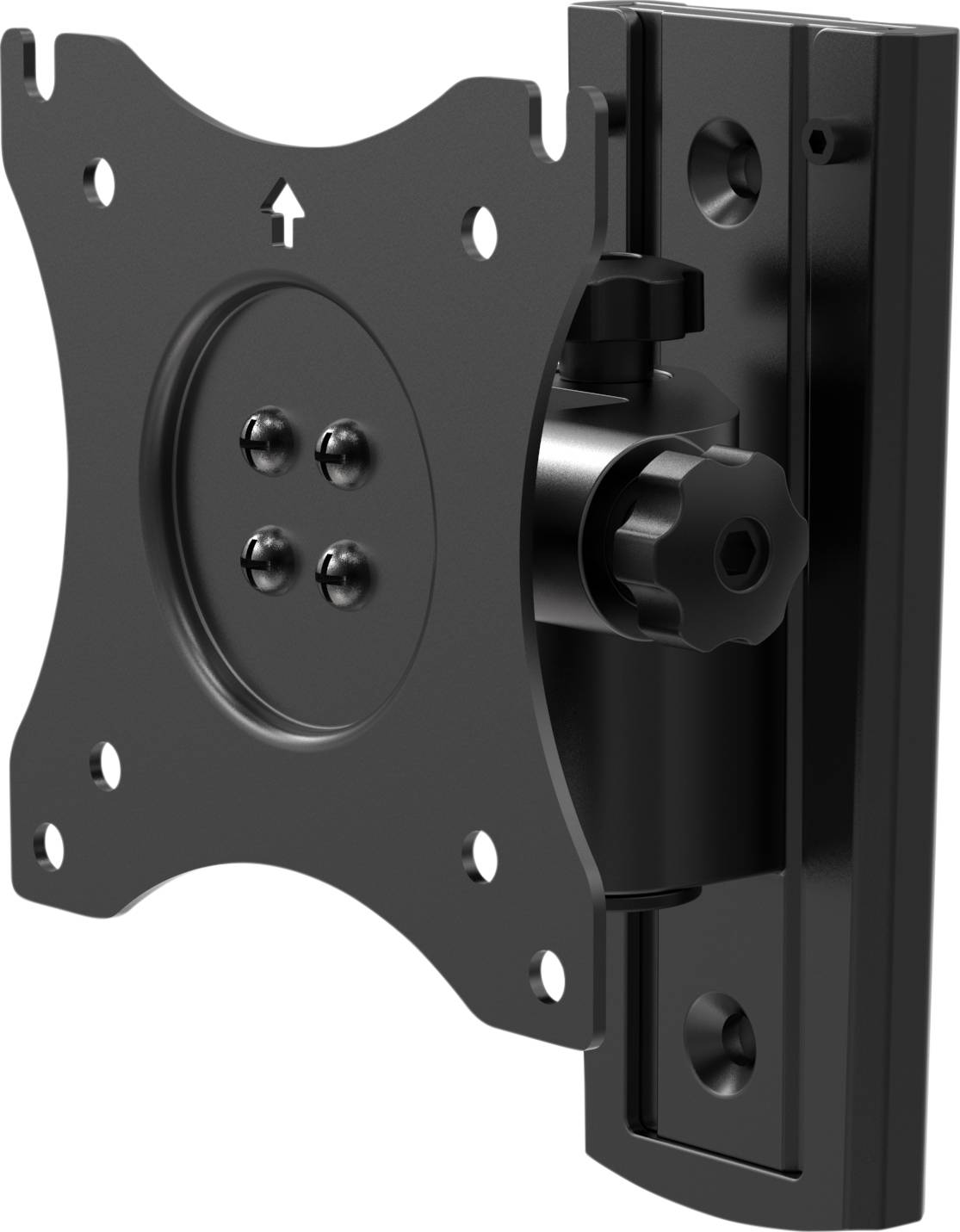 Schwenkbare TV-Halterung aus Metall, zeigt die Rückseite mit Schrauben und Befestigungsteilen; ermöglicht flexibles Drehen und Neigen eines Monitors.