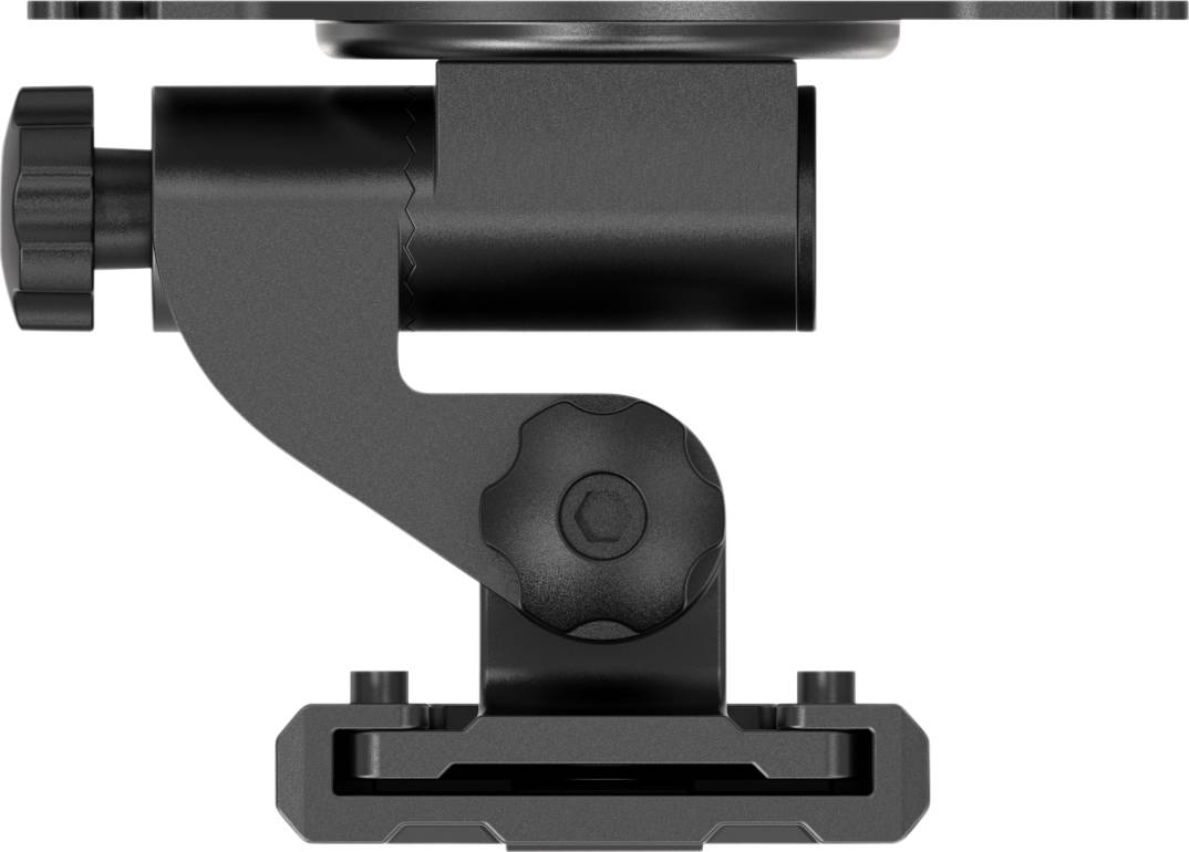 Ein schwarzes Metall-Scharnier mit einem Einstellknopf, das Teil einer Halterung ist.