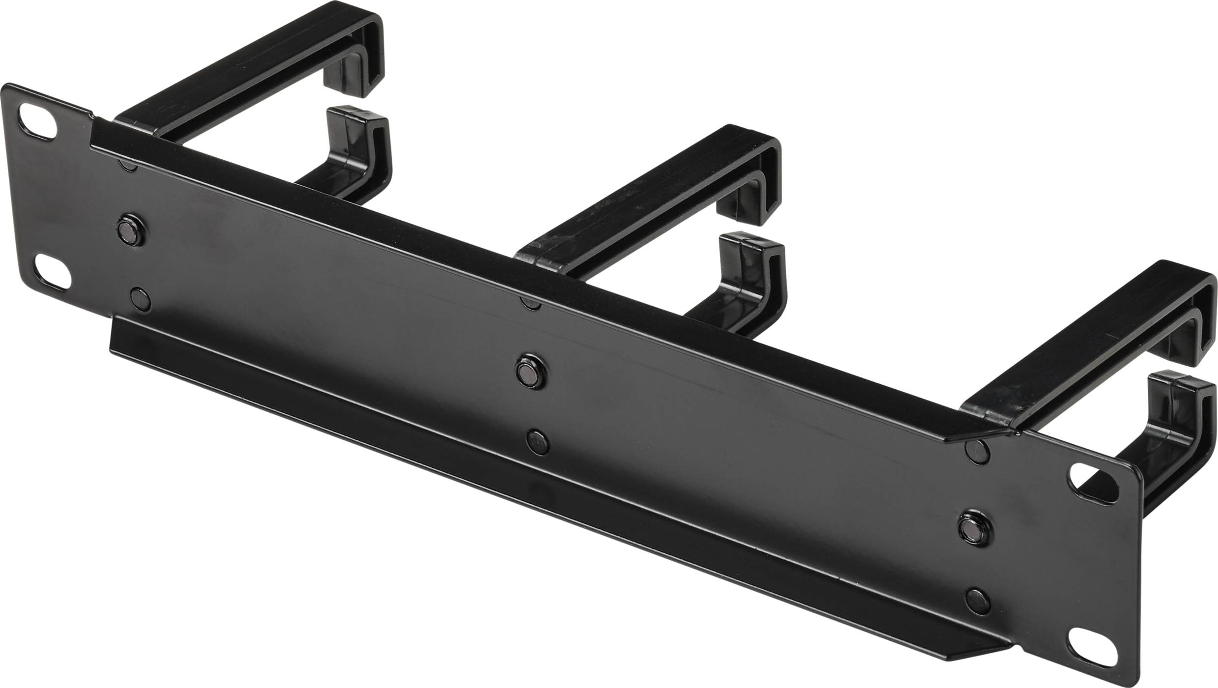 Schwarzer Kabelmanagement-Paneel mit vier Haken zur ordentlichen Führung und Organisation von Kabeln in einem Server-Rack.