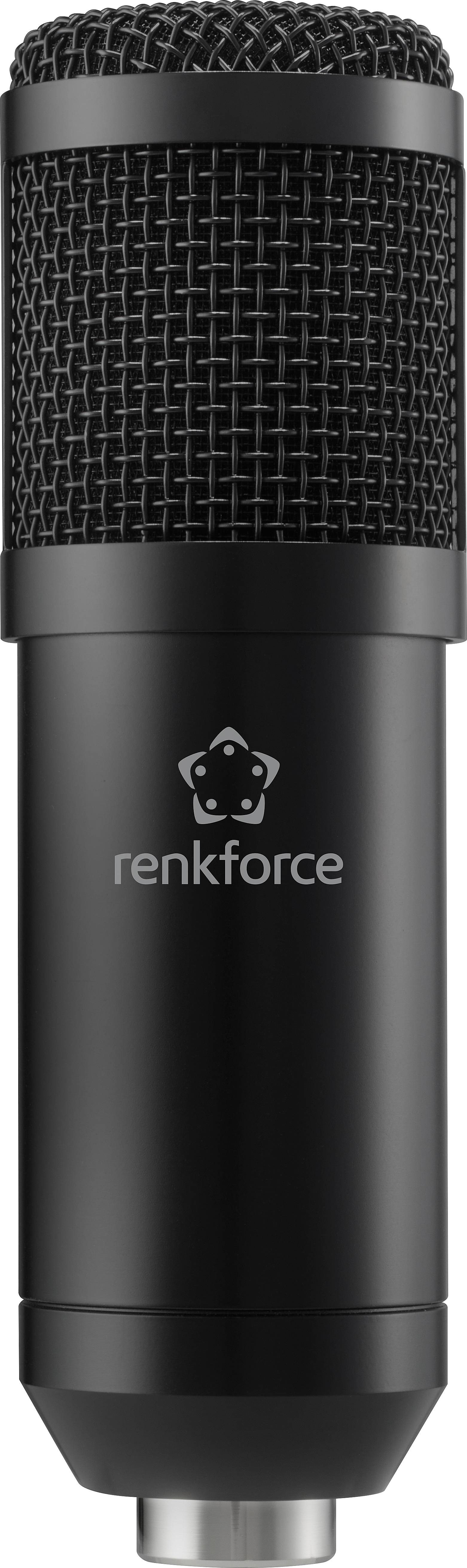 Ein schwarzes Mikrofon mit dem Logo 'renkforce' in der Mitte, vor einem neutralen Hintergrund.