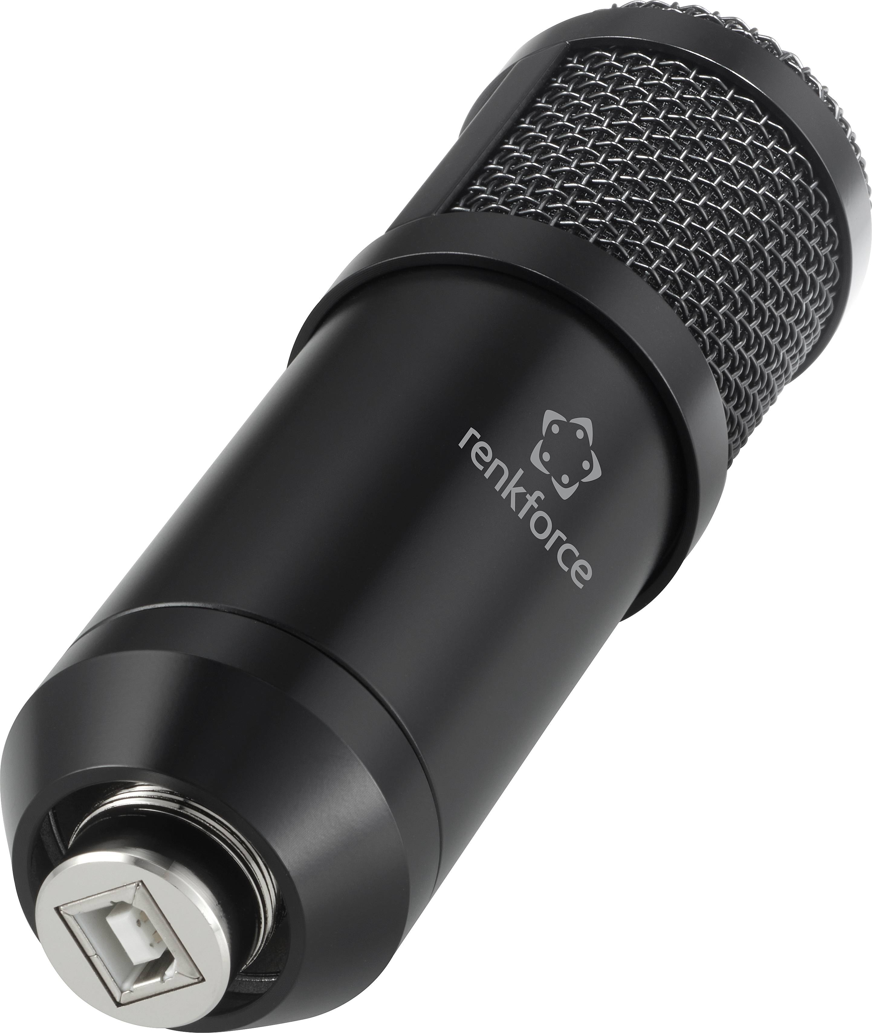 Ein schwarzes Mikrofon mit USB-Anschluss, geeignet für digitale Audioaufnahmen.
