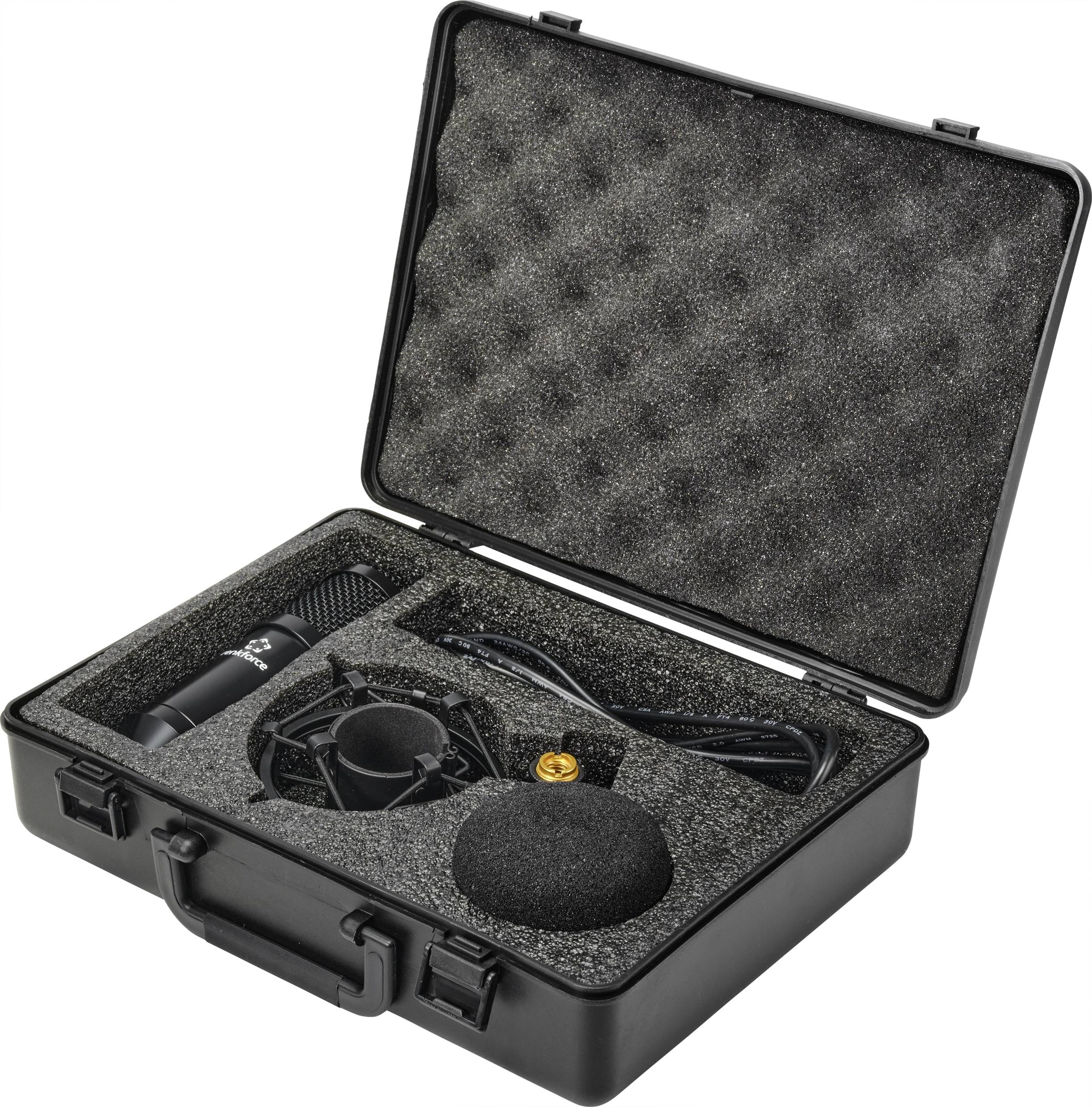 Offener Koffer mit Schaumstoffeinlage, die ein Mikrofon, eine Halterung, ein Kabel und eine Kugel enthält.