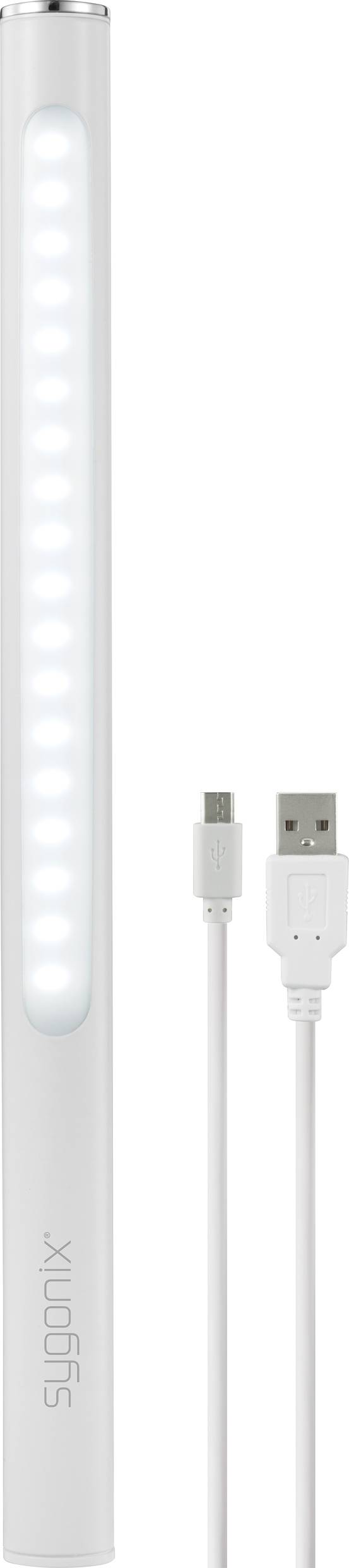 Eine schlanke, batteriebetriebene LED-Leuchte mit USB-Anschlusskabel, geeignet für verschiedene Beleuchtungszwecke.