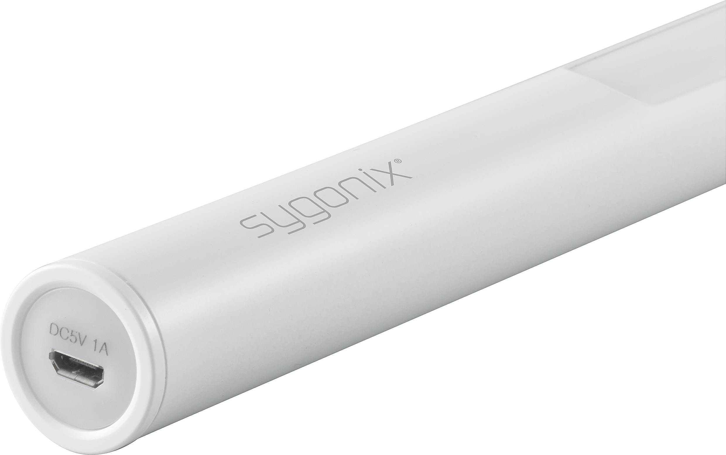 Tragbare LED-USB-Leuchte von Sygonix mit schlankem, weißen Design und USB-Anschluss für Stromversorgung. Ideal für unterwegs.