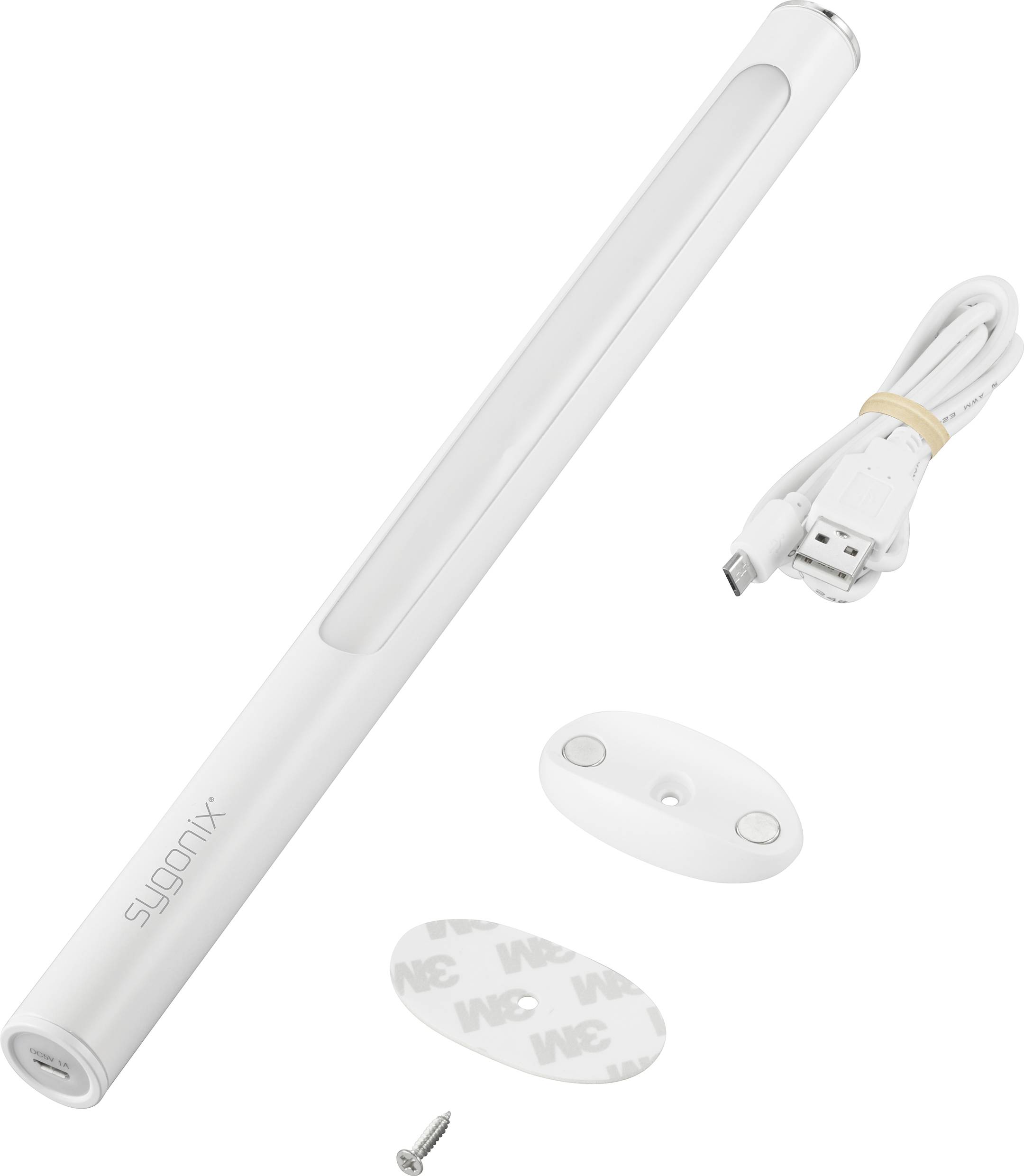 Ein LED-Lichtstab mit Zubehör: USB-Kabel, Wandhalterung mit Schraube und Klebepad, auf weißem Hintergrund. Markenname 'sygonix'.