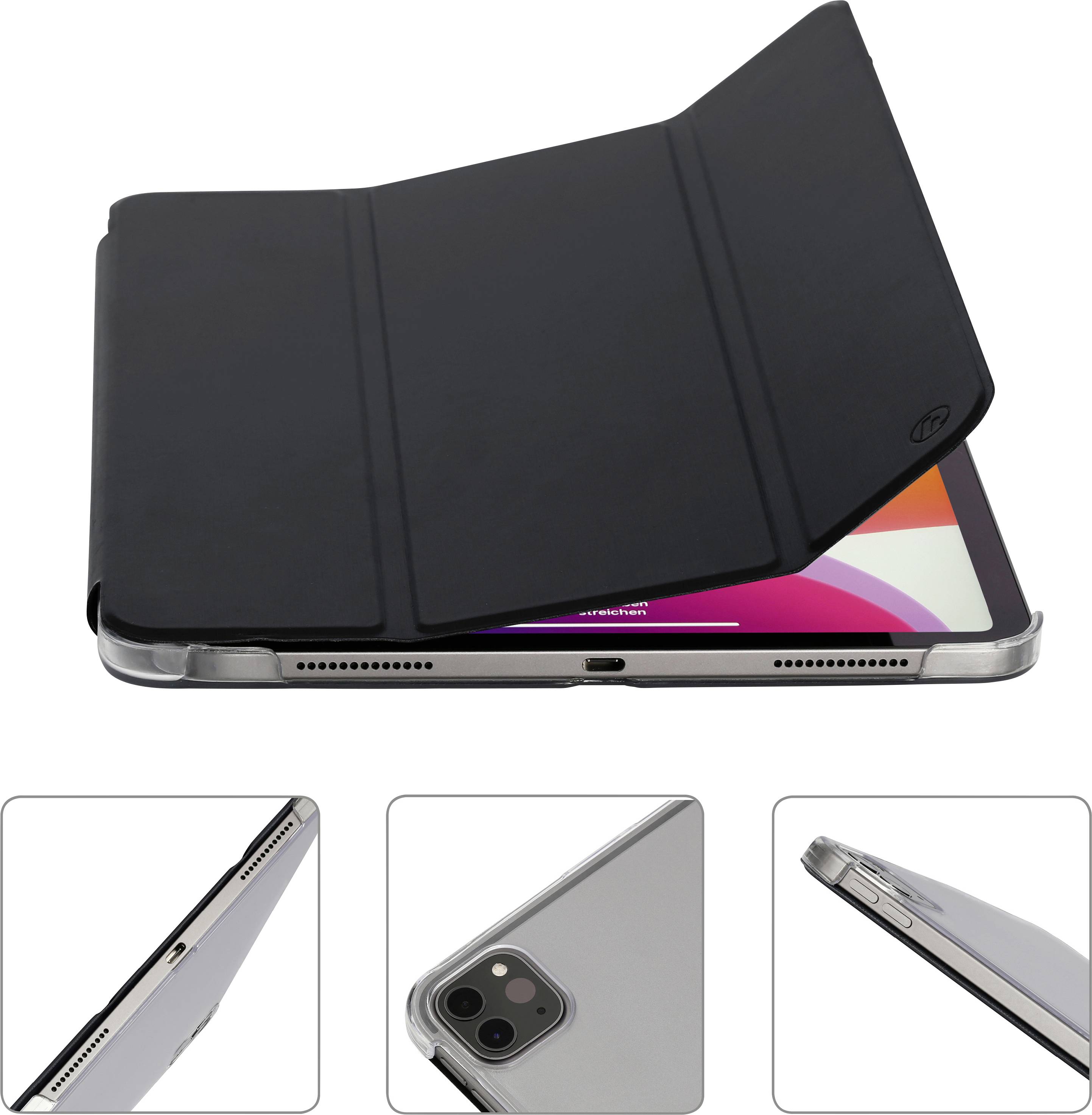 Schwarzes Tablet-Hülle mit Abdeckung, die teilweise geöffnet ist, zeigt Tabletbildschirm. Drei Detailbilder zeigen die Hülle aus verschiedenen Blickwinkeln.