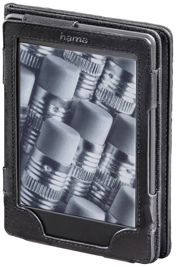 Ein E-Reader in einer schützenden schwarzen Hülle, mit einem angezeigten Bild von mehreren Bleistift-Radiergummis in der Nähe.