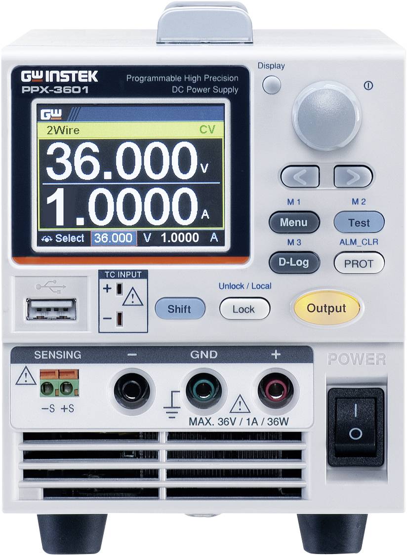 Netzteilgerät mit Display zeigt '36,000V' und '1,000A'. Mehrere Bedienelemente und Anschlüsse sichtbar.
