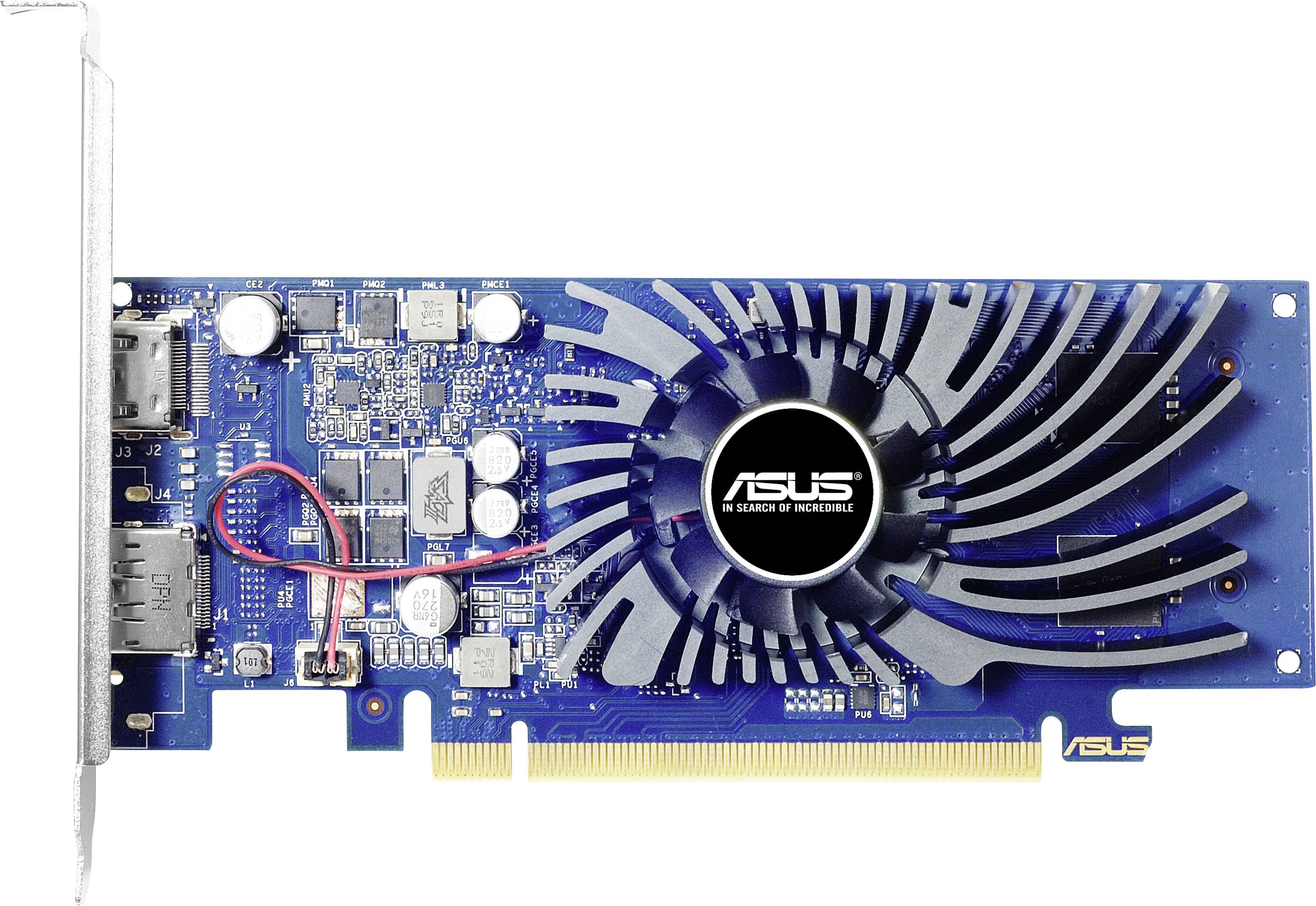 Grafikkarte von ASUS mit blauem Schaltungsdesign. Sichtbar sind ein Lüfter und mehrere Anschlüsse für Monitore.