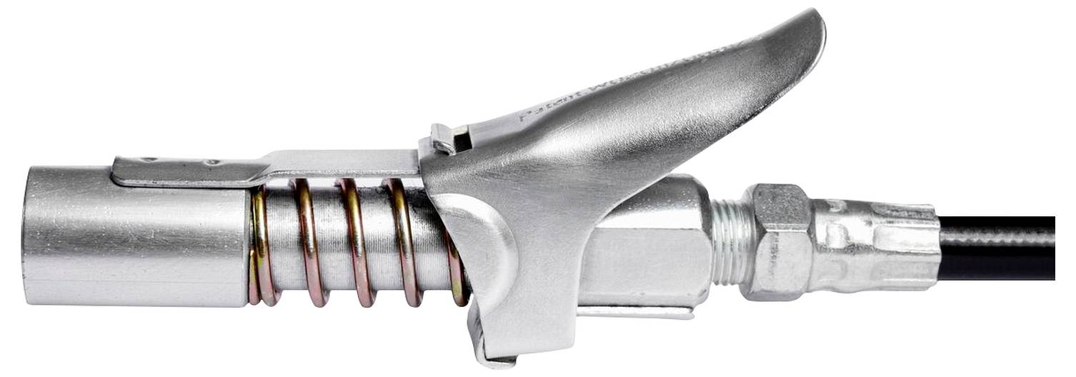 Metallischer Handhebel mit Federmechanismus, vermutlich Teil einer Zapfpistole oder ähnlichen Vorrichtung.