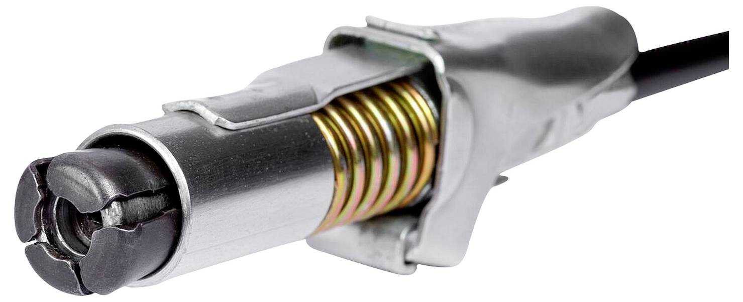 Nahaufnahme eines Metallsteckers mit Federmechanismus, verbunden mit einem Kabel, vermutlich ein Koaxialkabel.