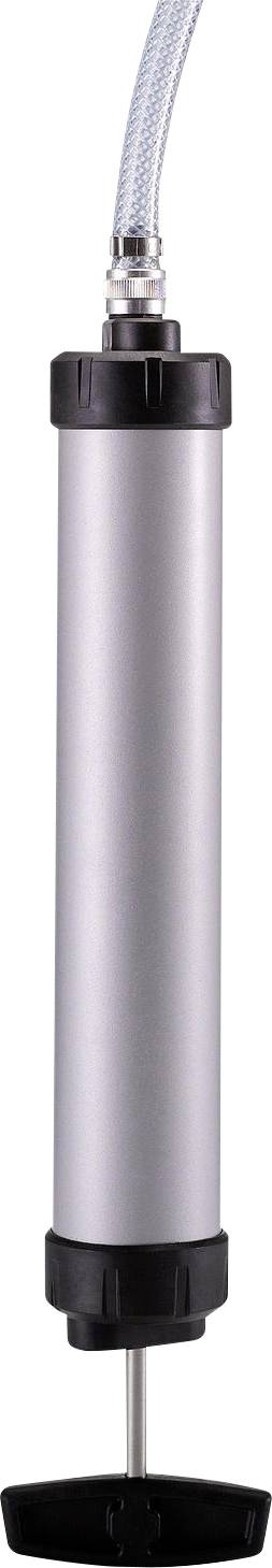 Eine silberne Luftpumpe mit einem transparenten Schlauch.