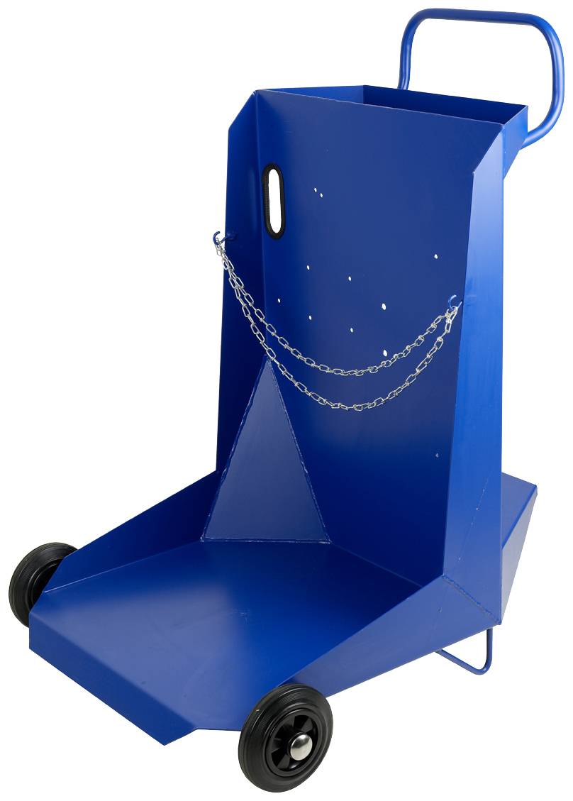 Blauer Metallwagen mit zwei Rädern und einer Kette zum Sichern von großen zylindrischen Objekten.
