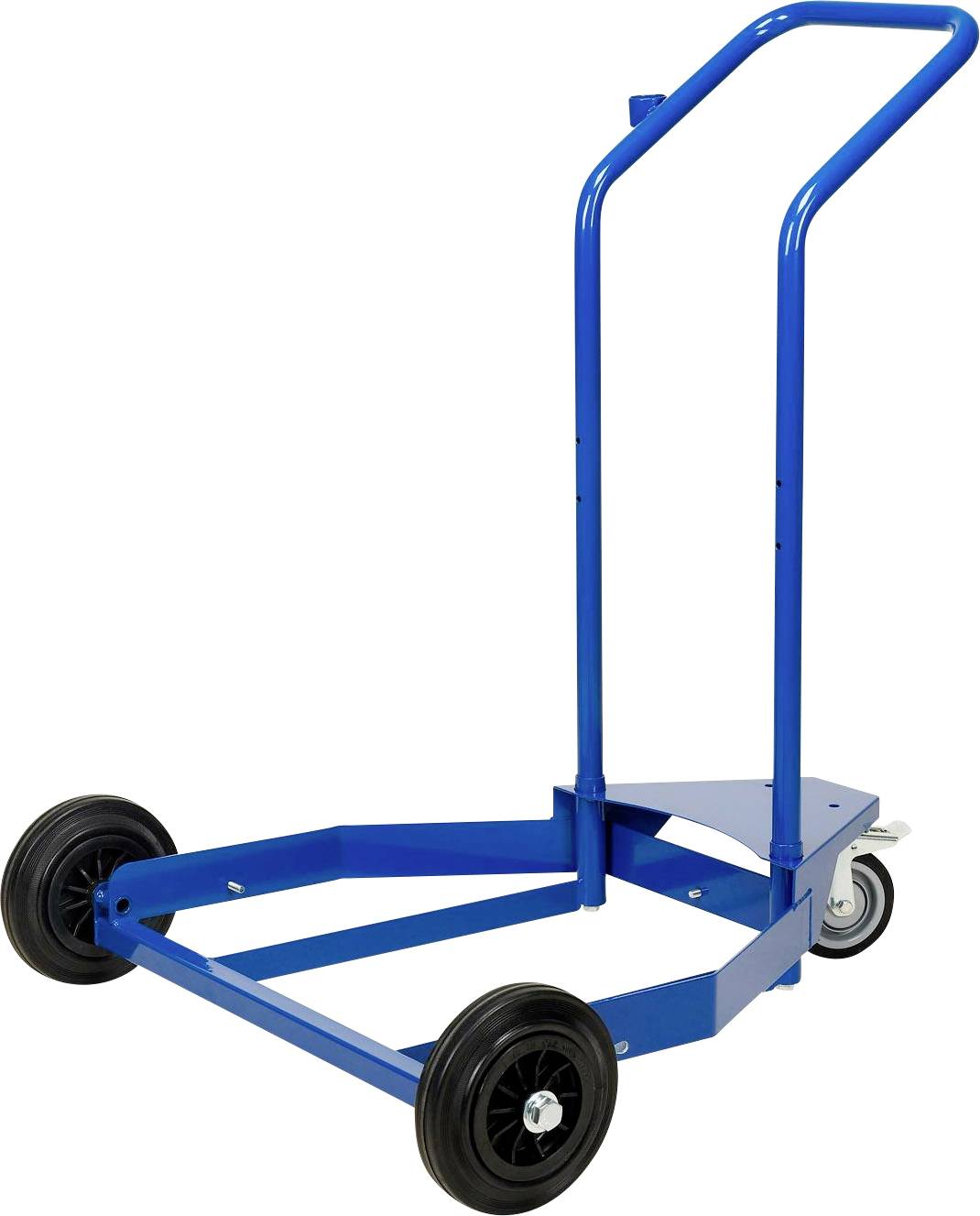 Ein blauer Transportwagen mit zwei großen schwarzen und einem kleinen weißen Rad. Er hat einen hohen, gebogenen Griff zum Schieben.