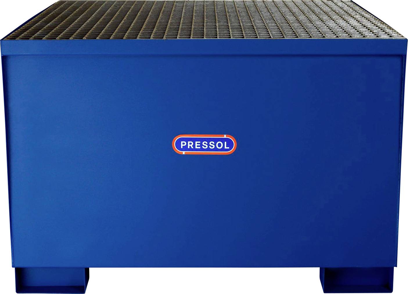 Ein blauer Metallbehälter mit Gitternetzobefläche und dem Logo 'PRESSOL' auf der Vorderseite.