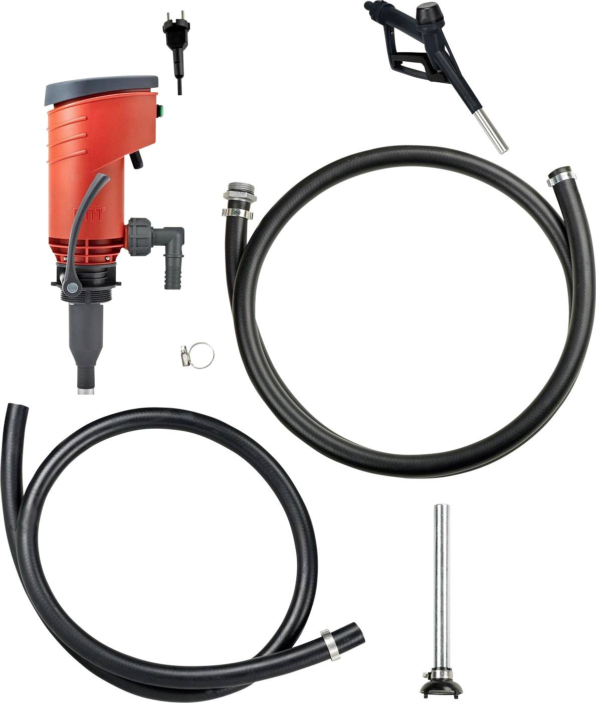 'Elektrische Fasspumpe' mit roter Pumpe, zwei Schläuchen, kleinem Zubehör und einer schwarzen Zapfpistole. Ideal für Flüssigkeitstransfer.
