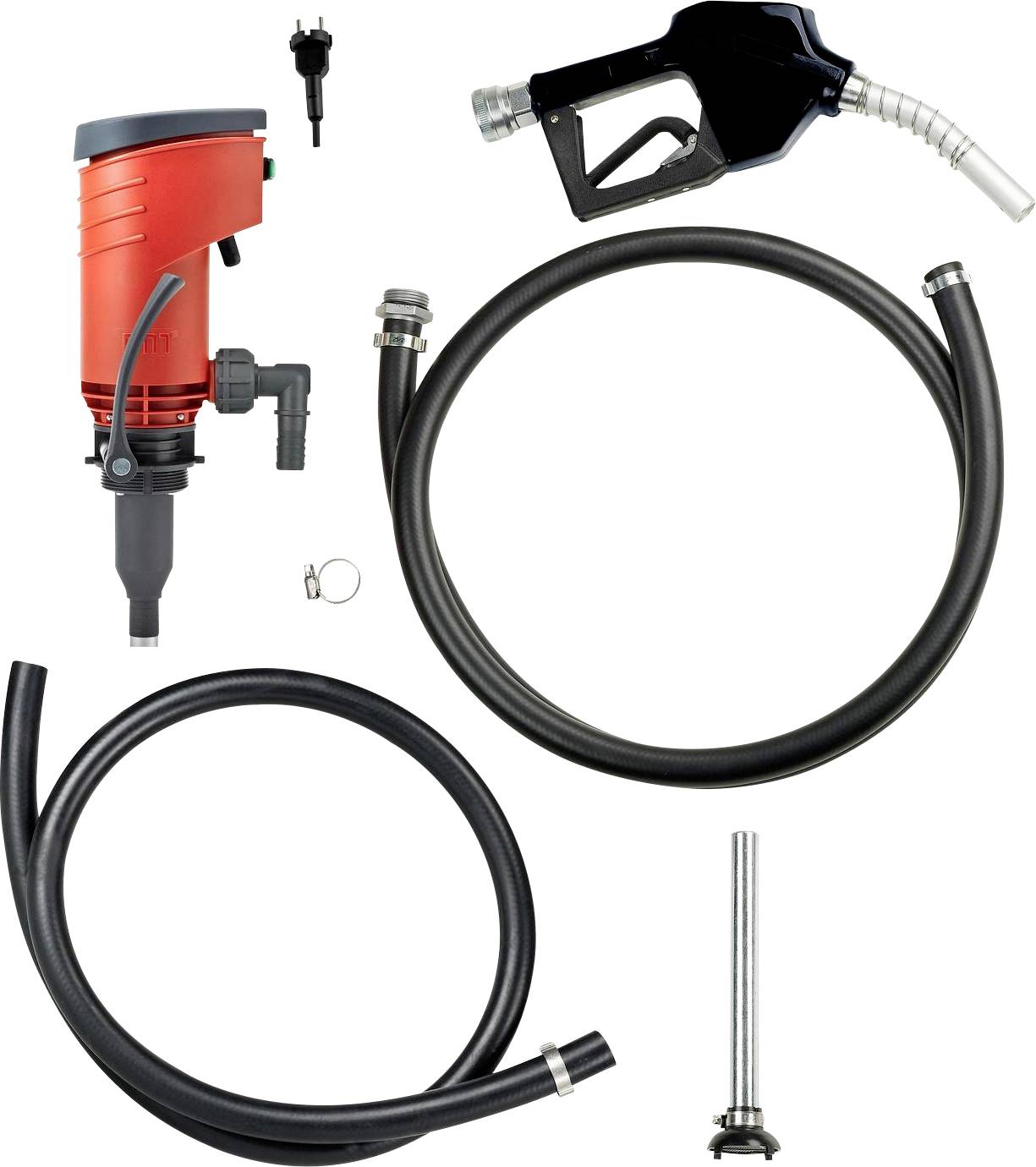 Elektrische Fasspumpe in Rot mit schwarzem Schlauch und Zapfpistole, ideal zur Förderung von Flüssigkeiten aus Behältern. Zubehörteile inklusive.