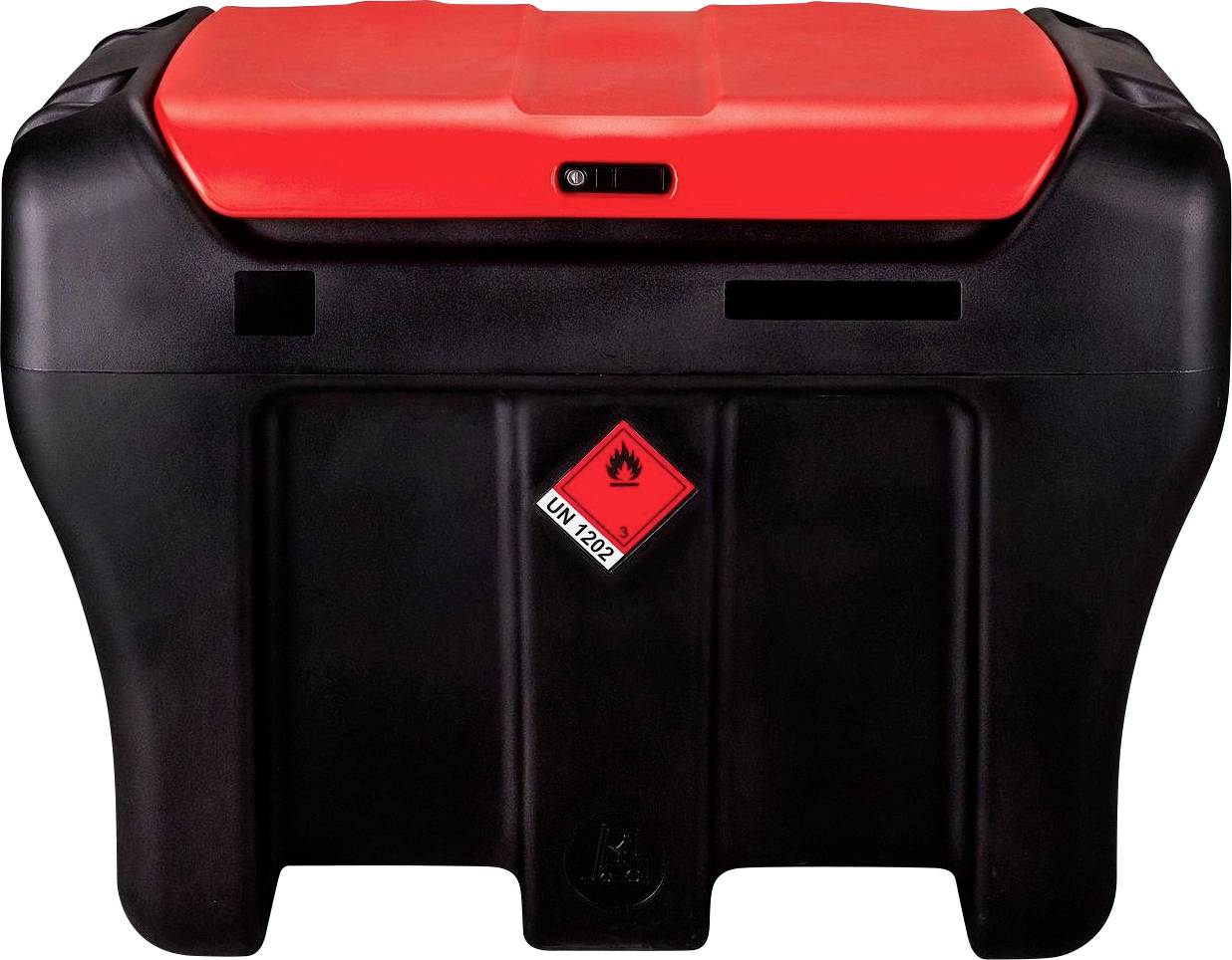 Ein schwarzer Behälter mit rotem Deckel und einem Gefahrgutaufkleber 'UN 1202', der für die Lagerung von leicht entzündlichen Flüssigkeiten verwendet wird.