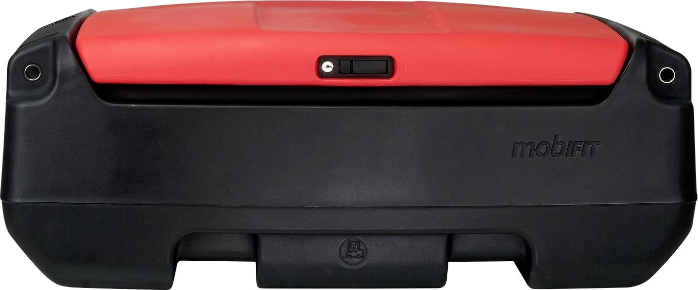 Schwarzer Kunststoff-Transportkoffer mit rotem Deckel und Verschluss in der Mitte, geeignet für Werkzeuge oder Ausrüstung.