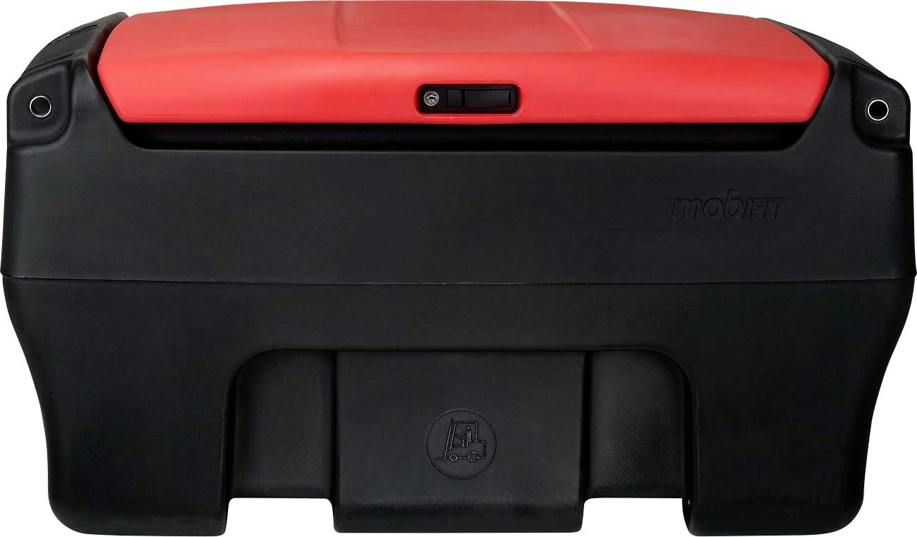 Ein schwarzer und roter mobiler Kühlschrank. Robust im Design, geeignet für Outdoor-Aktivitäten. Kompakt und tragbar.