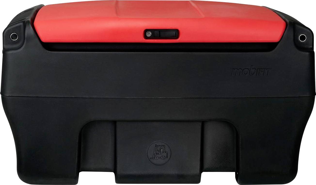 Roter und schwarzer, robuster Koffer mit Verschlussknopf und Griff, möglicherweise für den Transport von Werkzeugen oder Ausrüstung.