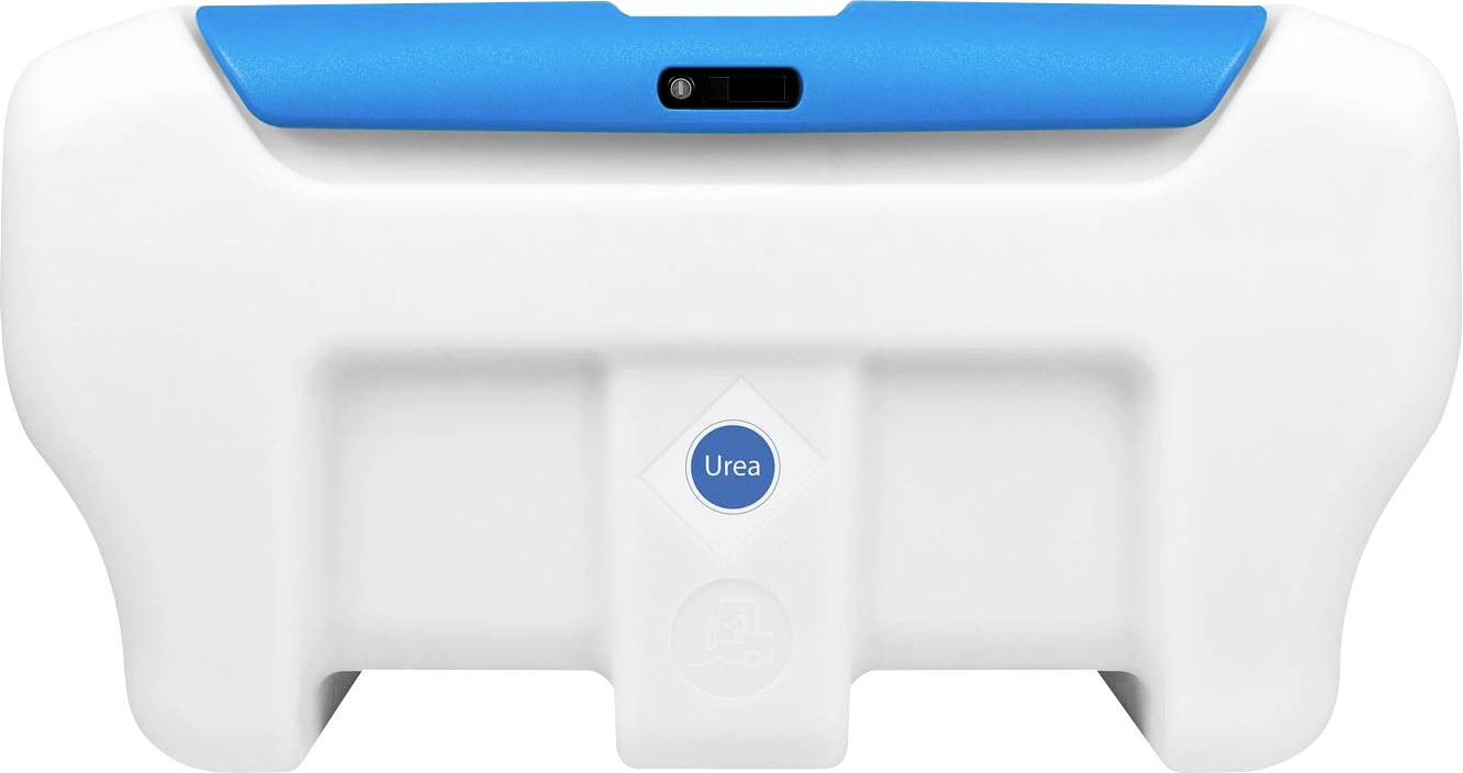 Ein weißer, rechteckiger Behälter mit einer blauen Oberseite und der Aufschrift 'Urea' auf der Vorderseite.