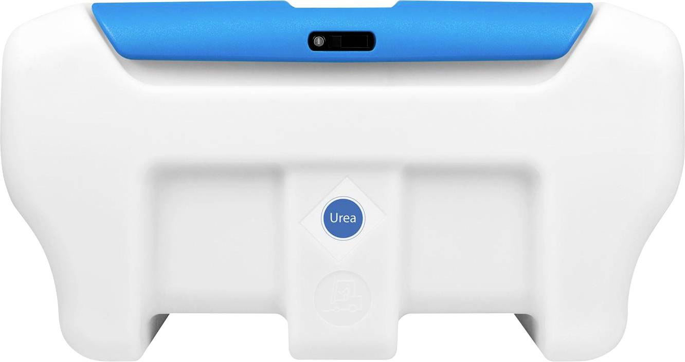 Ein weißer Behälter mit einem blauen Deckel, beschriftet mit 'Urea', vermutlich ein Vorratsbehälter für Harnstoff oder Streusalz.