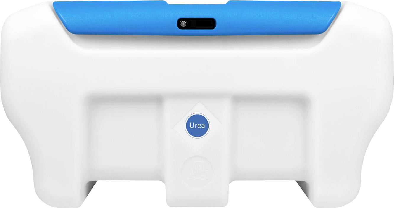 Ein weißer Kunststoffbehälter mit einem blauen Deckel, darauf das Wort 'Urea'. Er wird vermutlich als Tank für Harnstofflösung verwendet.
