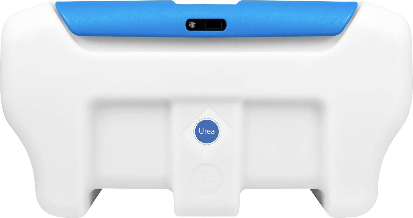 Ein weißer Behälter mit blauem Deckel und der Aufschrift 'Urea', vermutlich ein Tank für eine Flüssigkeit.