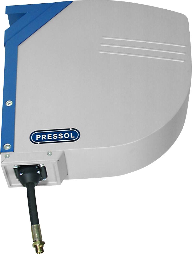 Eine automatisierte Schlauchtrommel mit starkem Gehäuse, einer blauen und grauen Abdeckung, und einem angeschlossenen Schlauch.