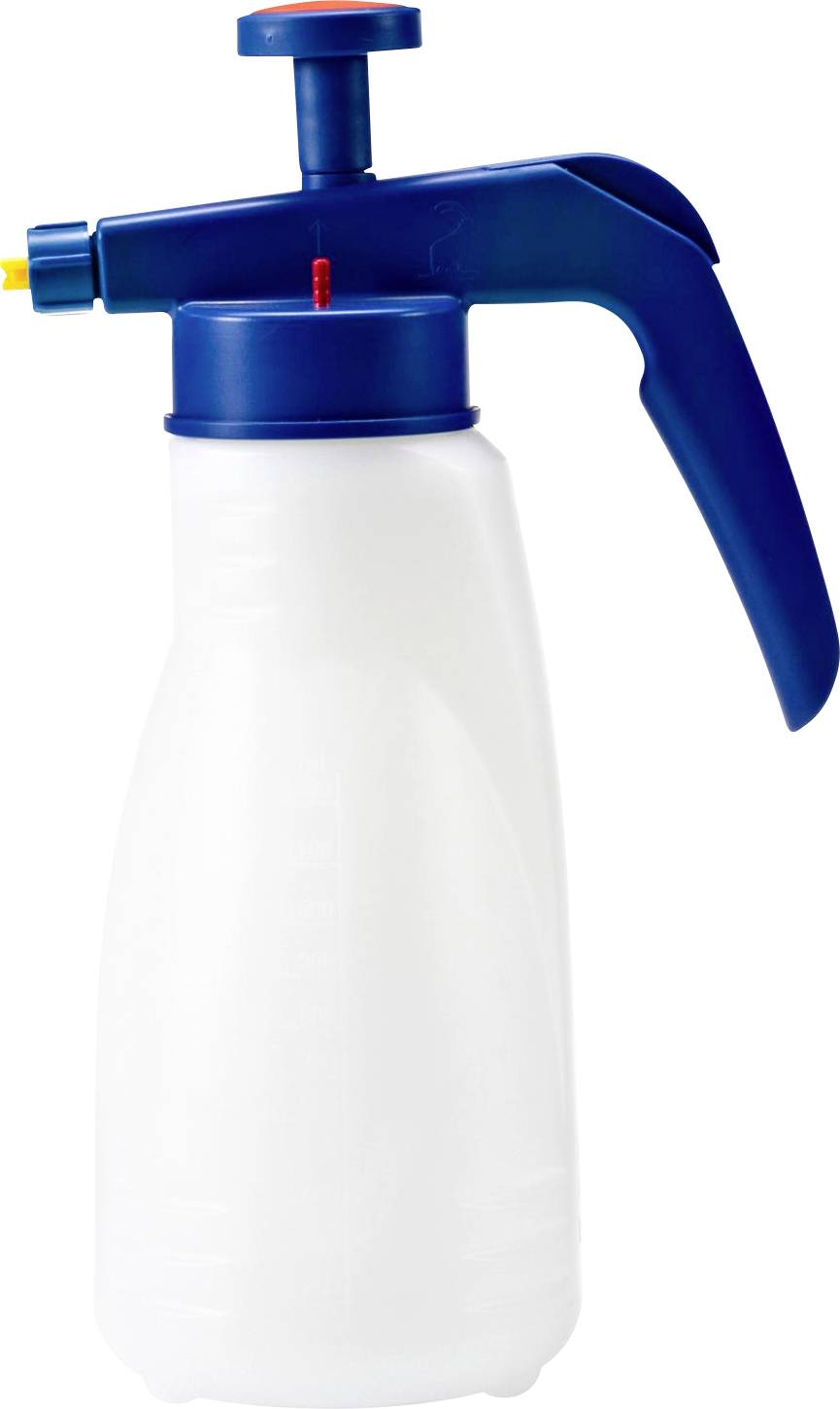 Weiße Sprühflasche mit blauem Griff und Sprühmechanismus.